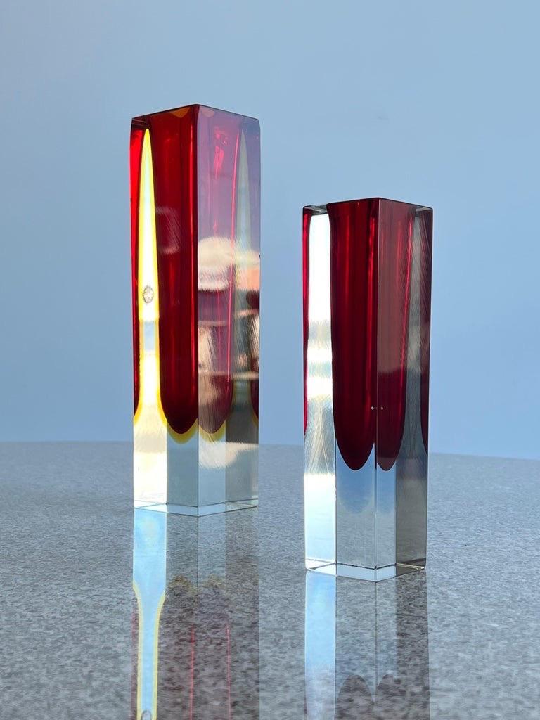 Mid-Century Modern Italian Murano Set of Two Red Thick Glass Vases For Sale