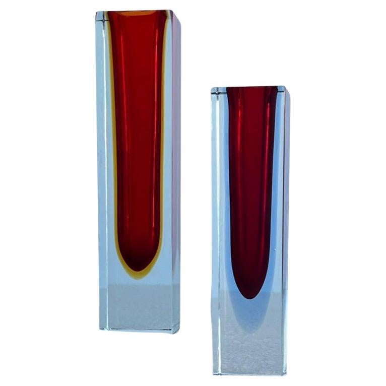 Italian Murano Set of Two Red Thick Glass Vases