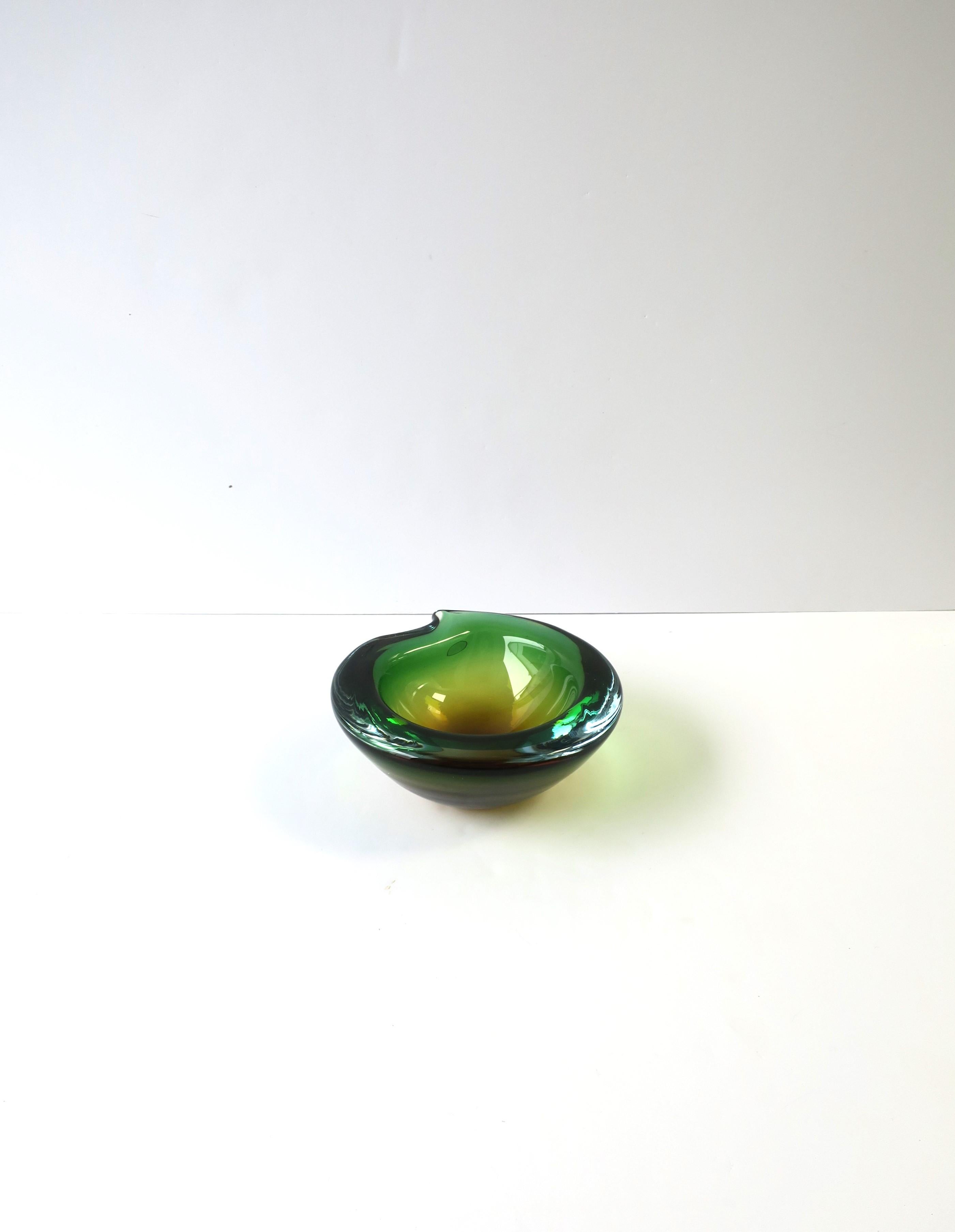 Hand-Crafted Italian Murano Sommerso Bowl Green Yellow Blue Art Glass For Sale