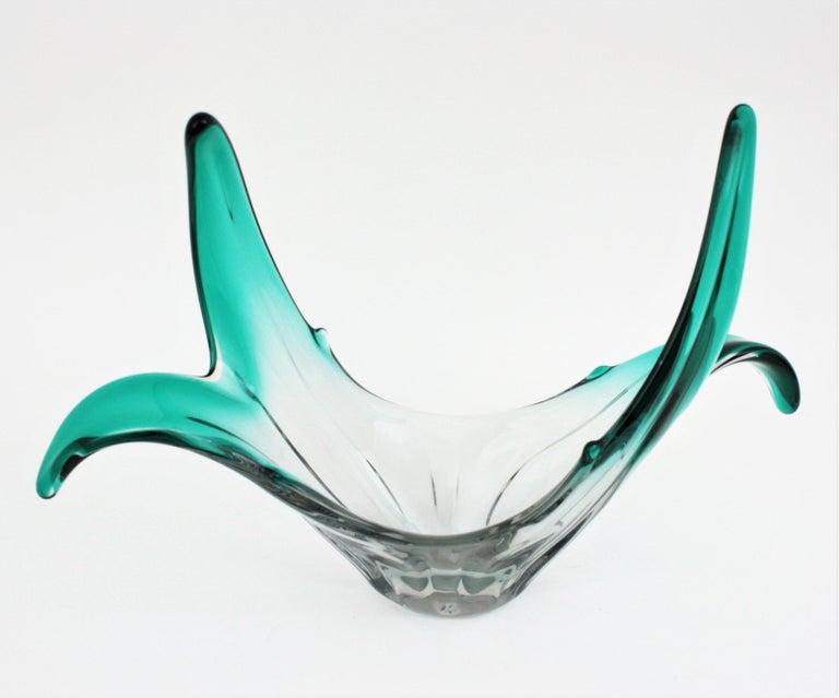 Italian Murano Sommerso Green Clear Art Glass Centerpiece Vase For Sale 7