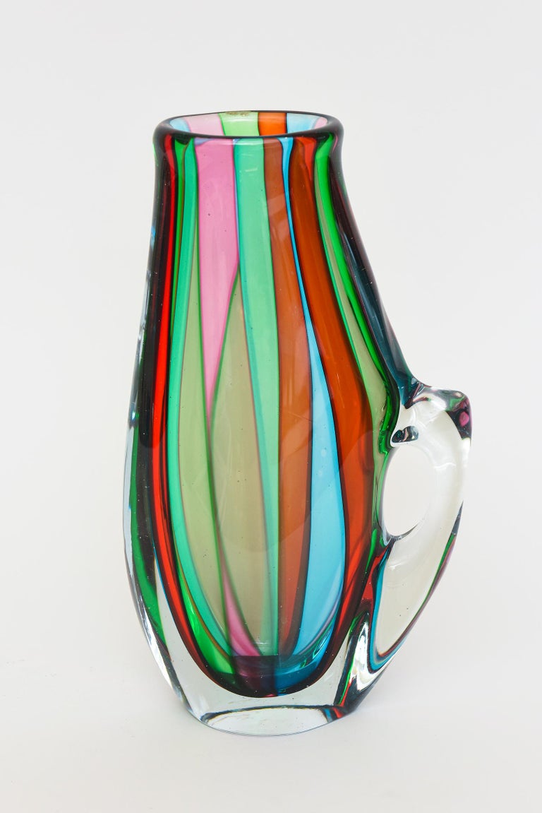 Italian Murano Striped Turquoise, Green, Pink, Red, Clear Signed Glass Pitcher For Sale 4