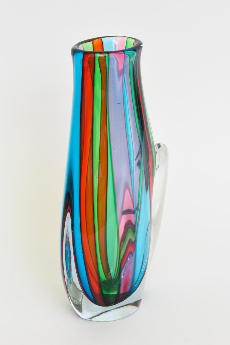 Modern Italian Murano Striped Turquoise, Green, Pink, Red, Clear Signed Glass Pitcher For Sale