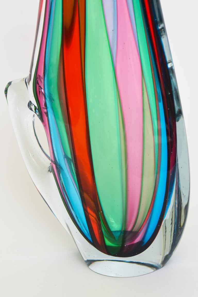 Italian Murano Striped Turquoise, Green, Pink, Red, Clear Signed Glass Pitcher In Good Condition For Sale In North Miami, FL