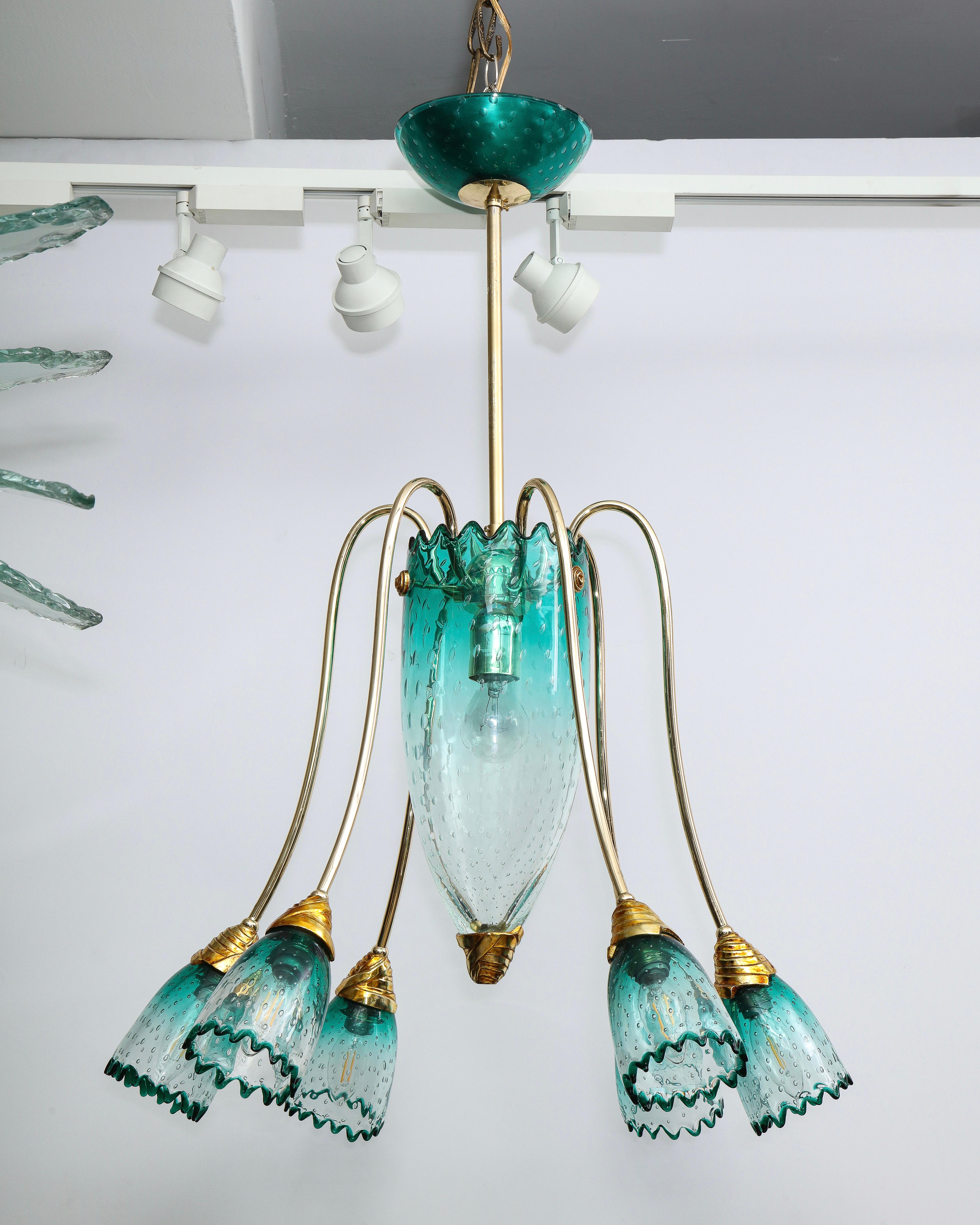 Italian Murano Teal Blue Glass Chandelier Attributed to Seguso 2
