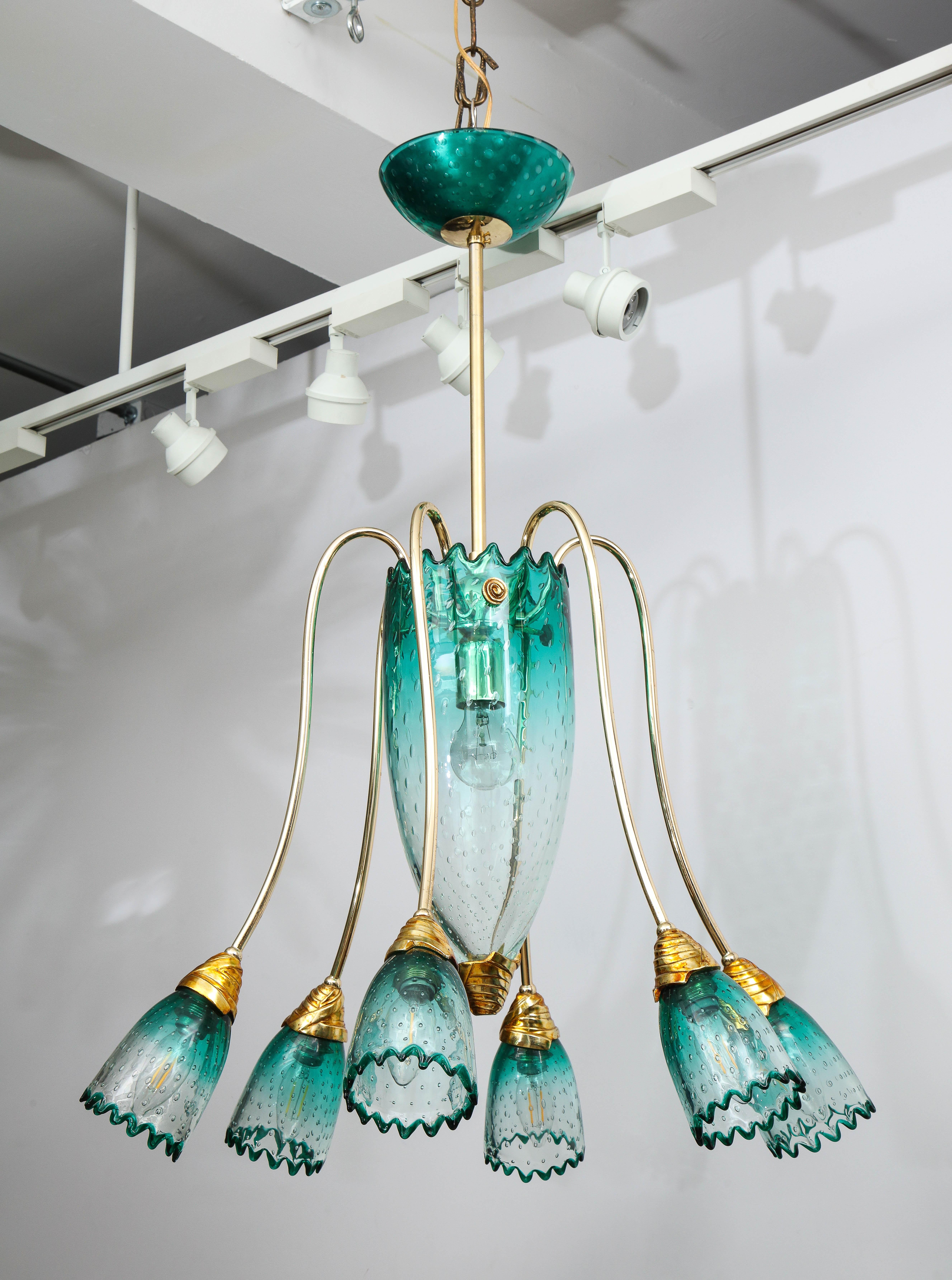 Italian Murano Teal Blue Glass Chandelier Attributed to Seguso 5