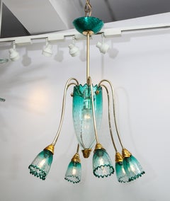 Italian Murano Teal Blue Glass Chandelier Attributed to Seguso
