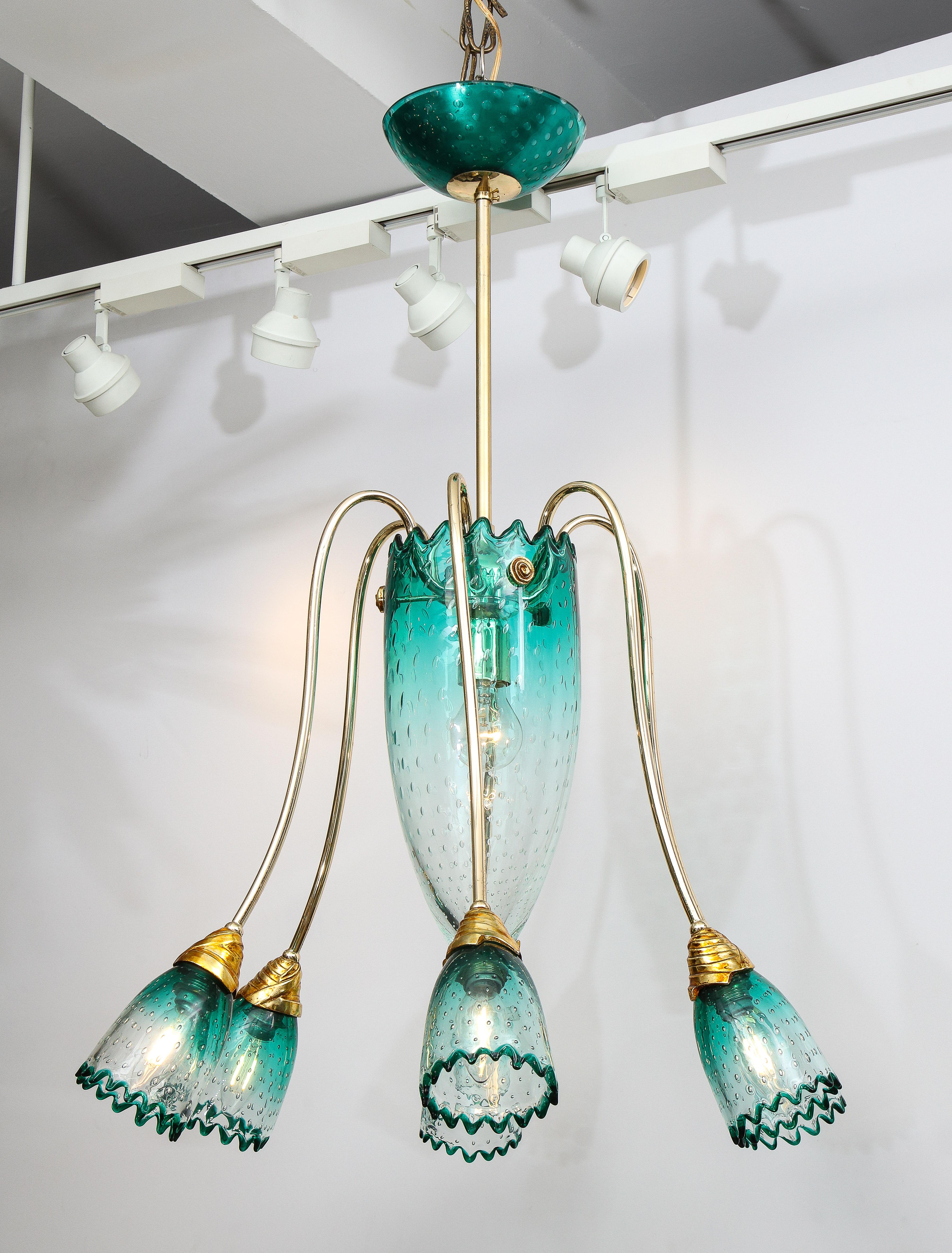 Post-Modern Italian Murano Teal Blue Glass Chandelier Attributed to Seguso