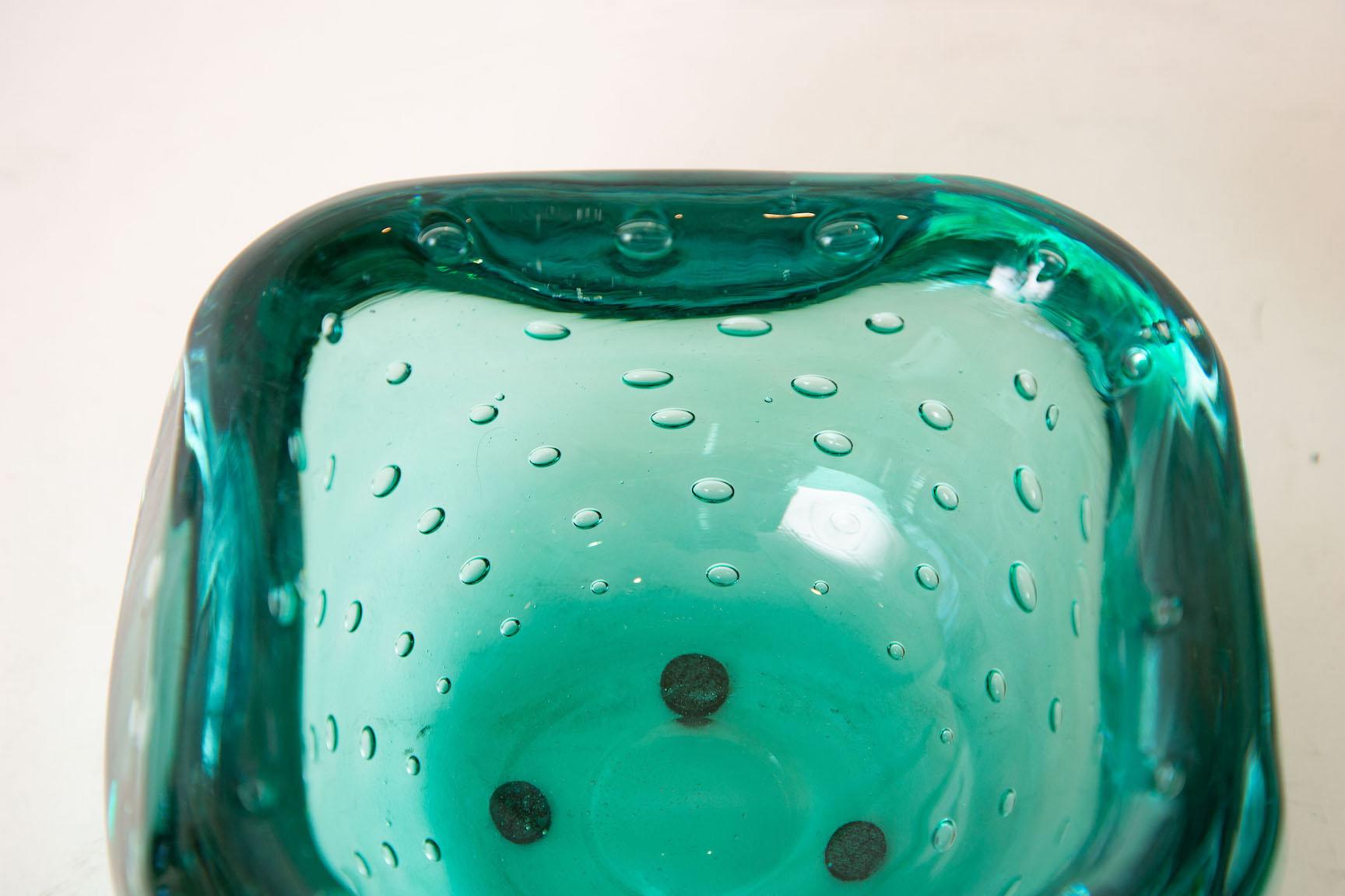 Modern Murano Teal Emerald Green Glass Square Bowl with Bullecante Bubbles Vintage For Sale
