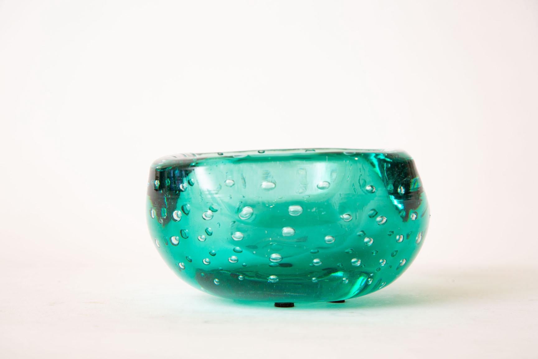 Italian Murano Teal Emerald Green Glass Square Bowl with Bullecante Bubbles Vintage For Sale