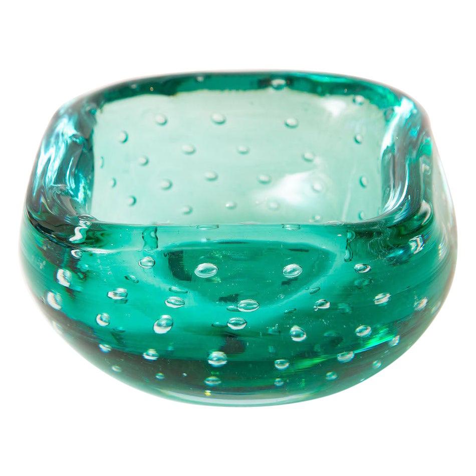Murano Teal Emerald Green Glass Square Bowl with Bullecante Bubbles Vintage For Sale
