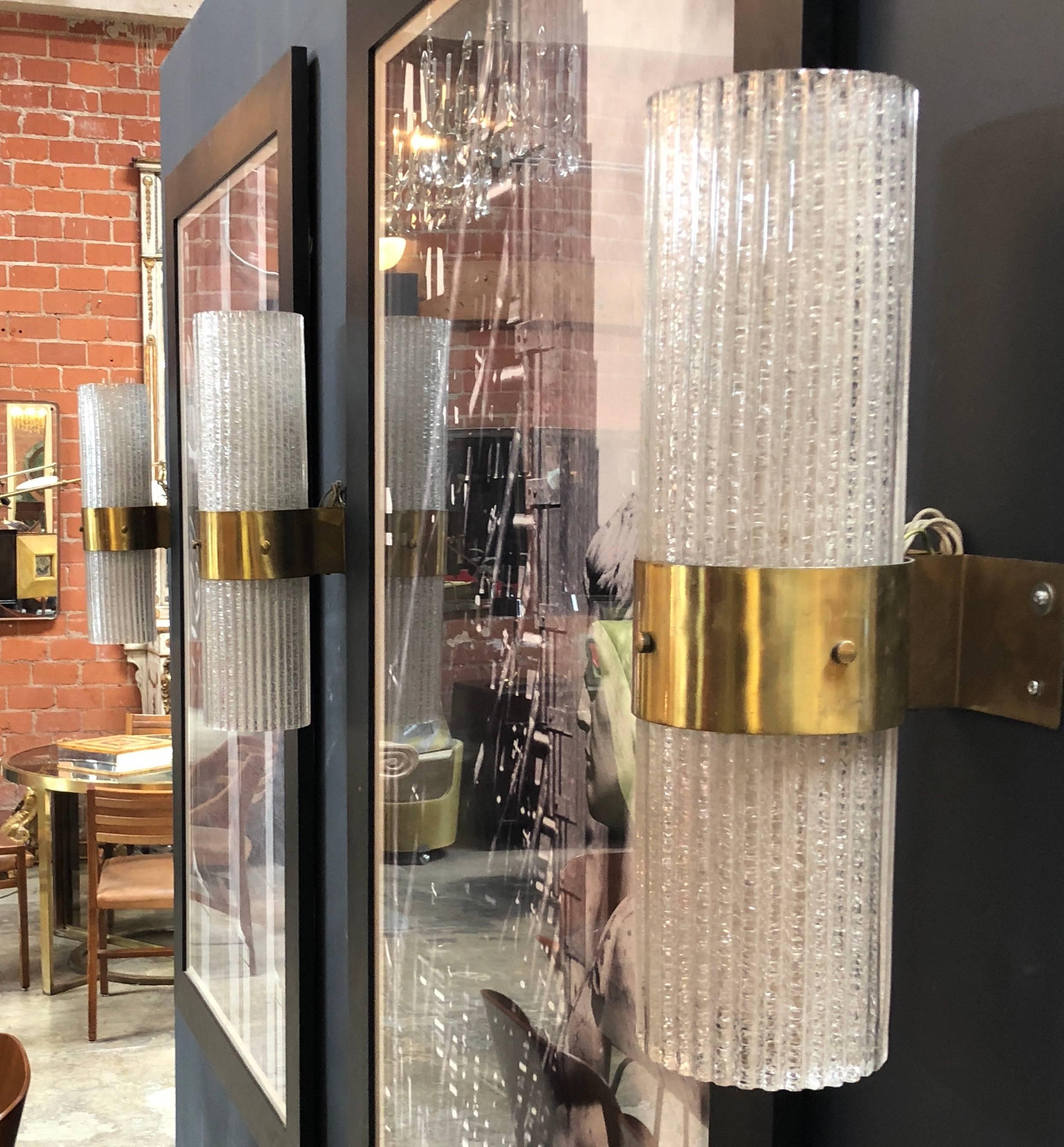 Italian Murano Tube Brass and Glass Wall Sconces, 1960s In Excellent Condition In Los Angeles, CA