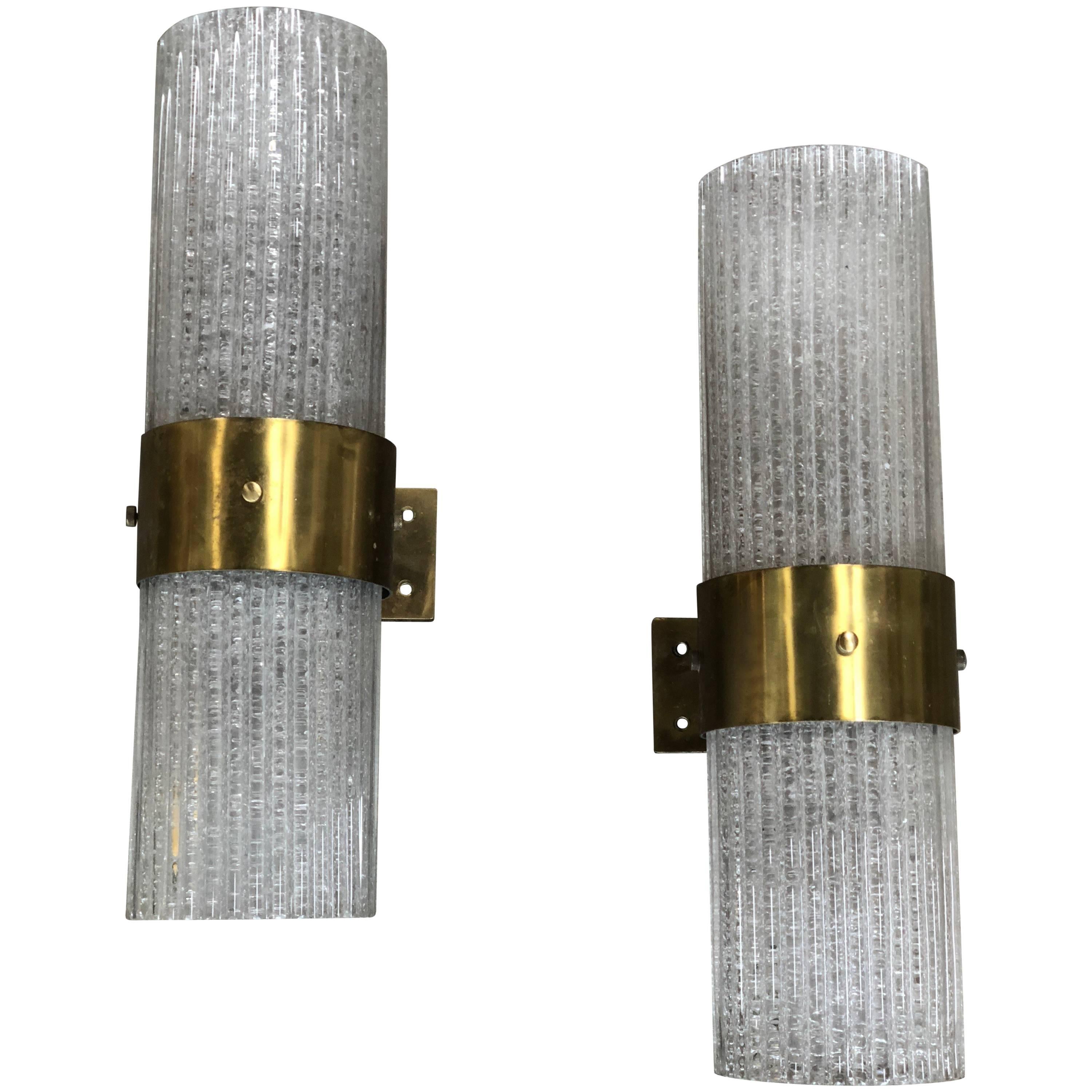 Italian Murano Tube Brass and Glass Wall Sconces, 1960s