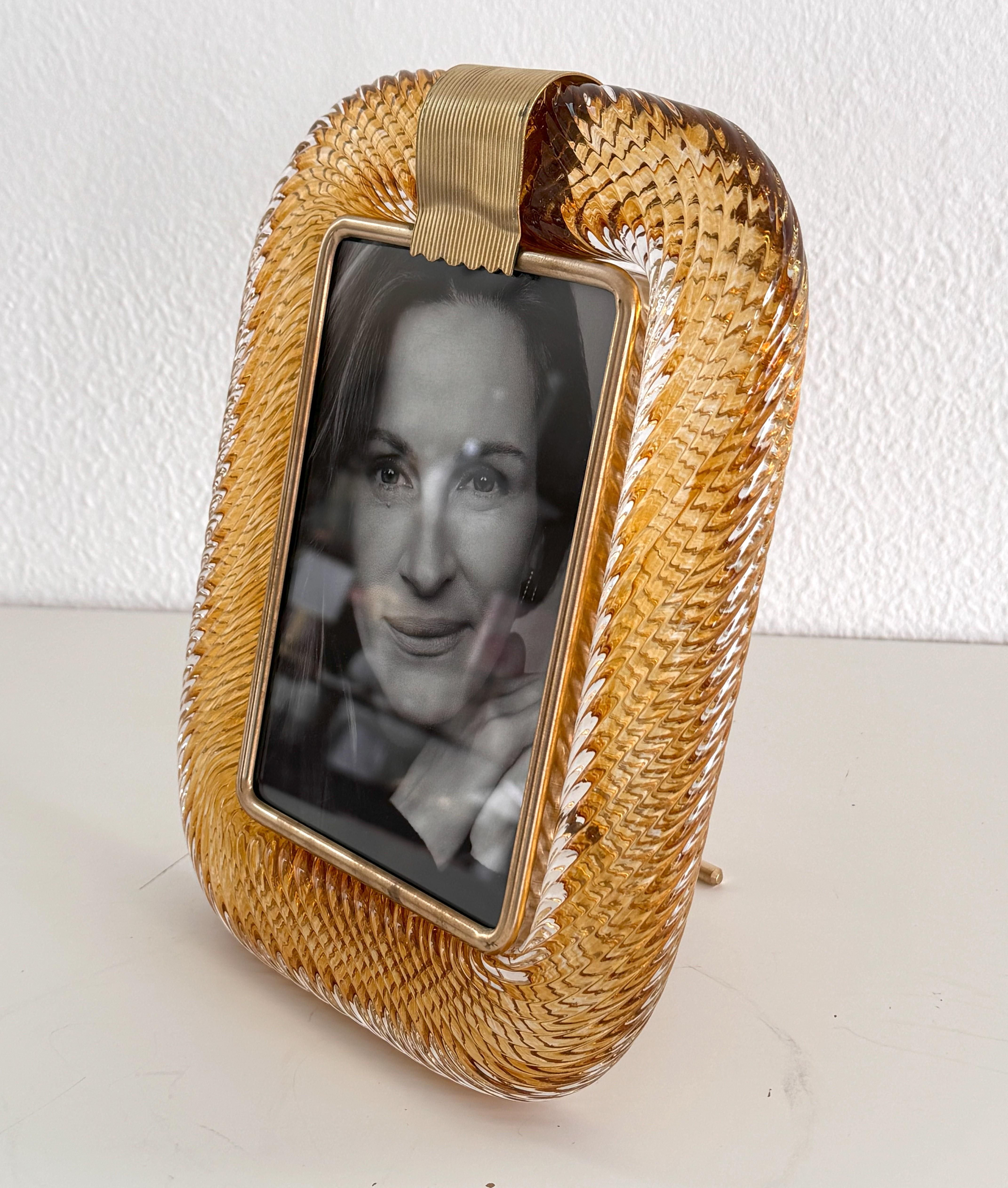 Hand-Crafted Italian Murano Twist Glass Picture Frame in Barovier Toso Style For Sale