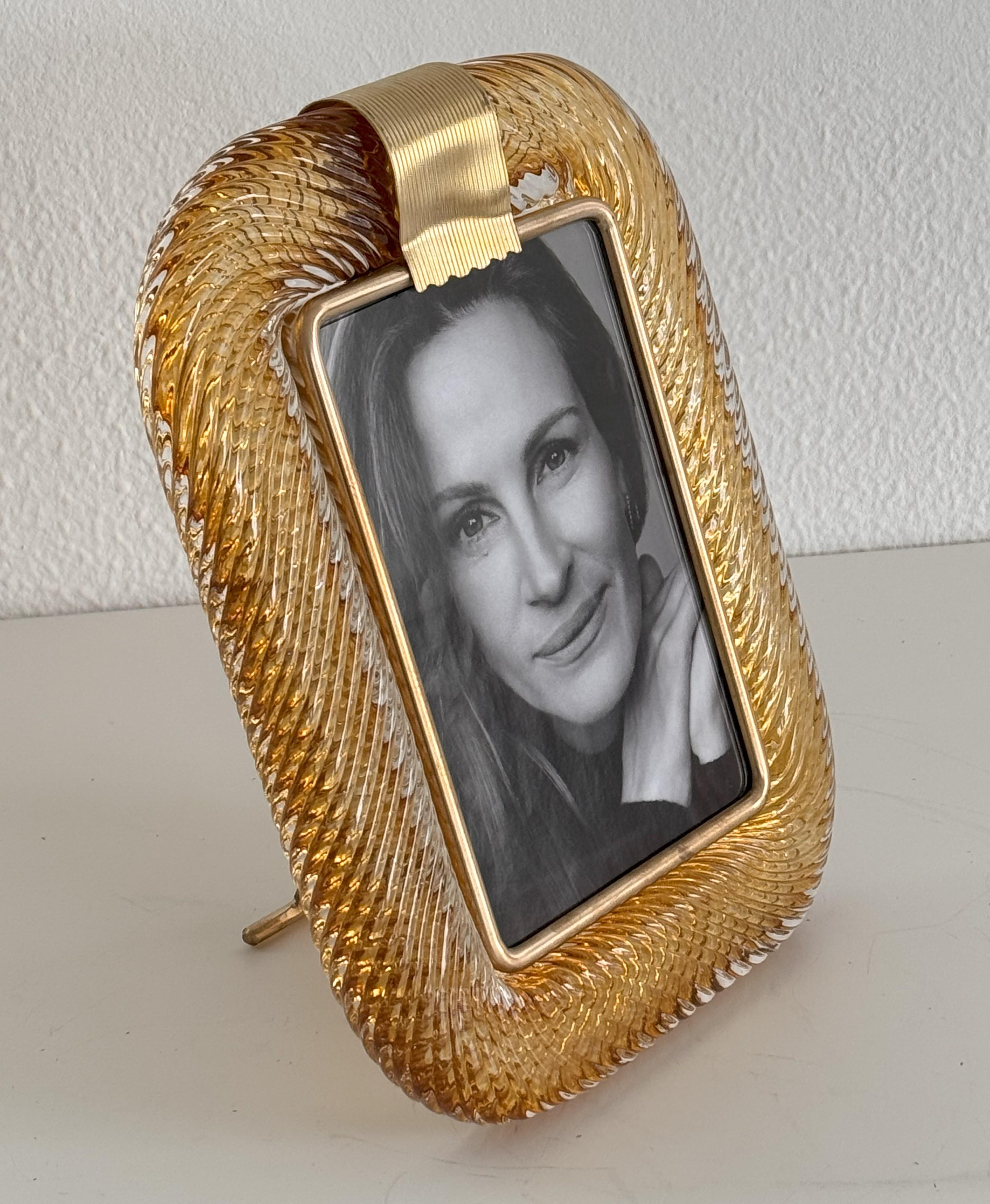 Late 20th Century Italian Murano Twist Glass Picture Frame in Barovier Toso Style For Sale
