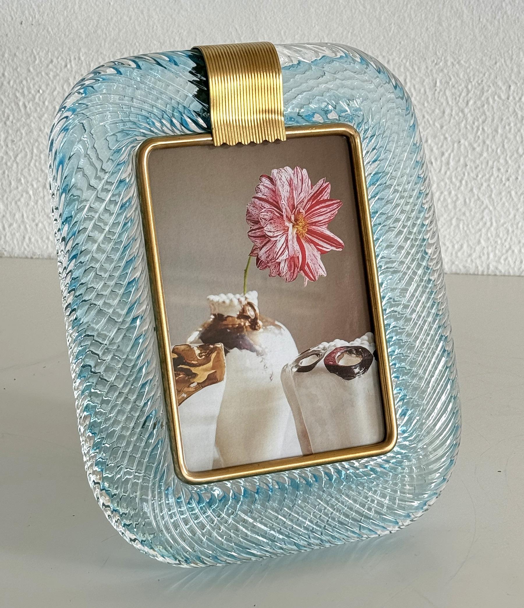 Italian Murano Twist Glass Picture Frame in Light Blue in Barovier & Toso Style 3