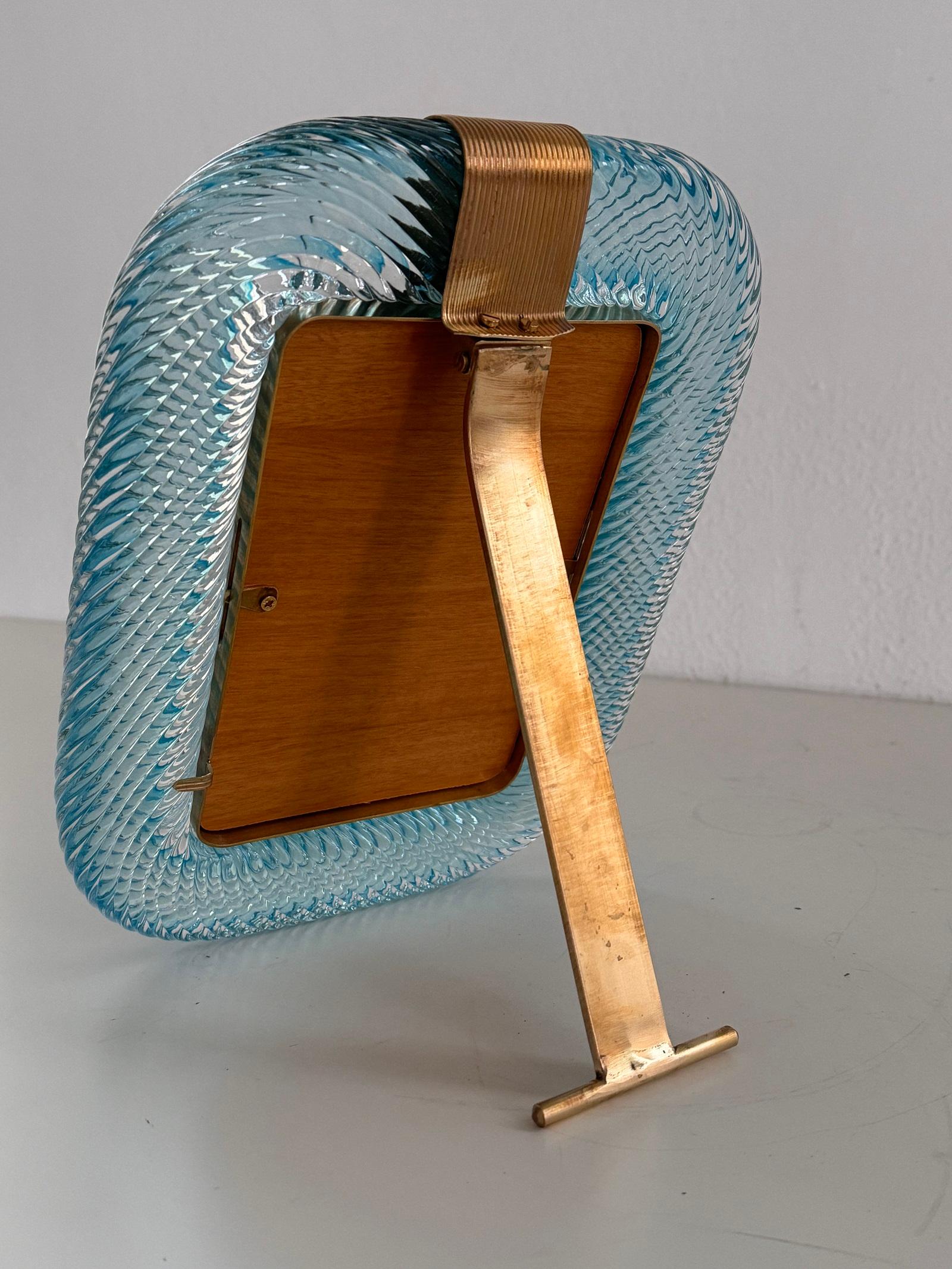 Italian Murano Twist Glass Picture Frame in Light Blue in Barovier & Toso Style 3