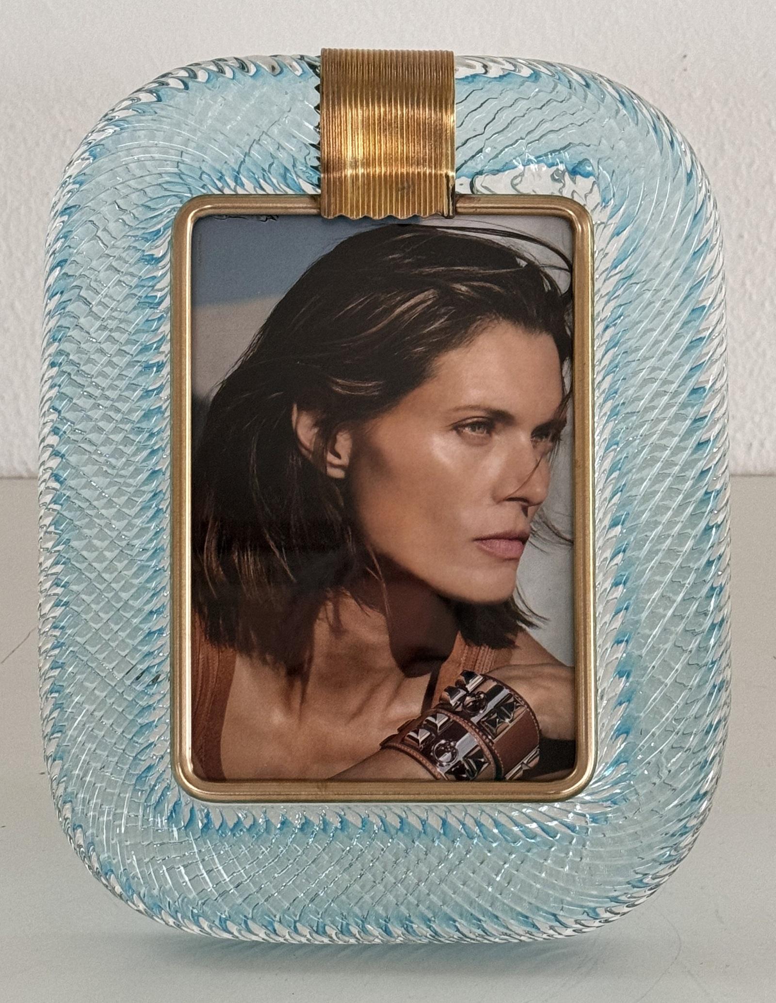 Italian Murano Twist Glass Picture Frame in Light Blue in Barovier & Toso Style 4