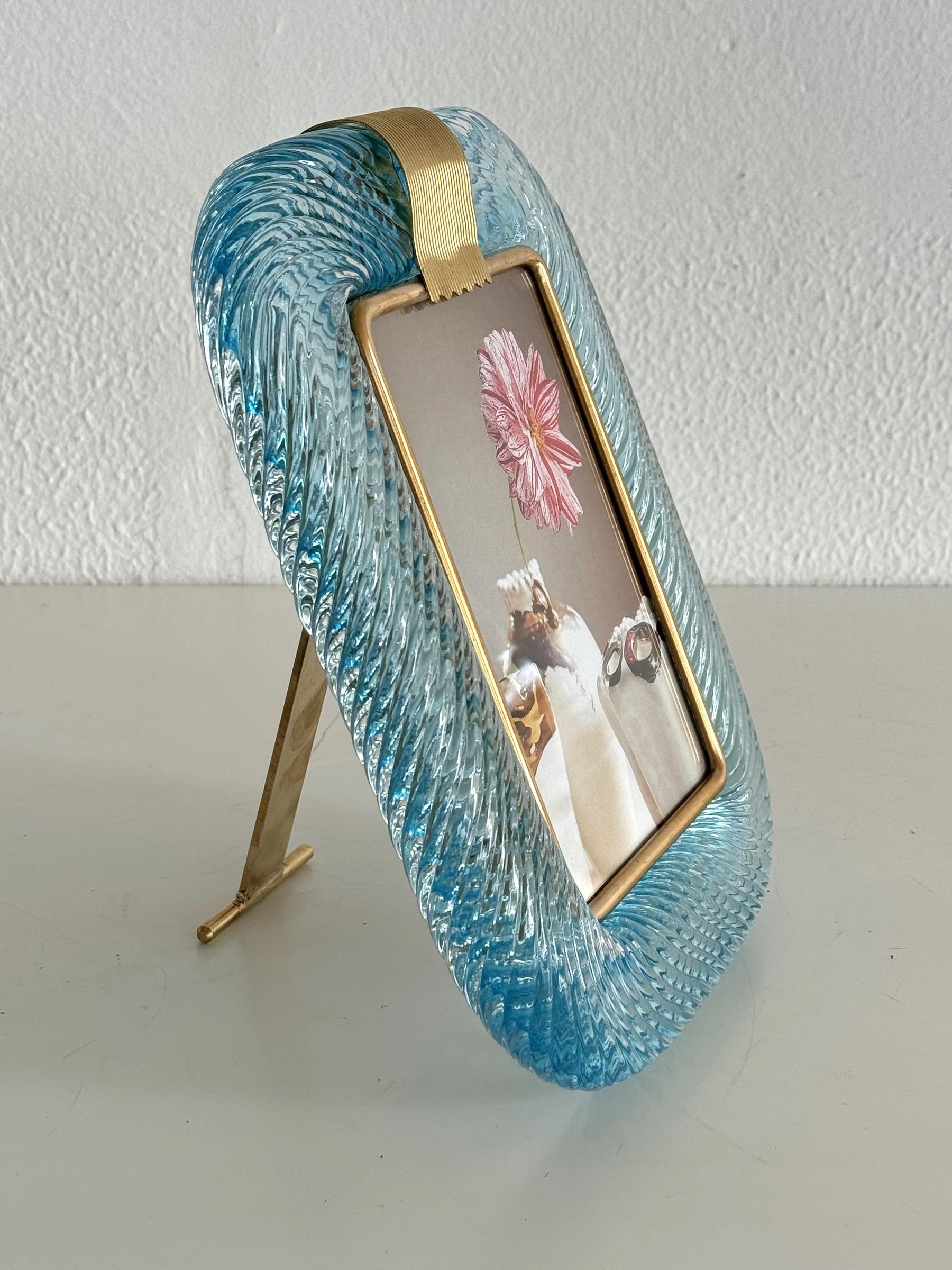 Italian Murano Twist Glass Picture Frame in Light Blue in Barovier & Toso Style 5