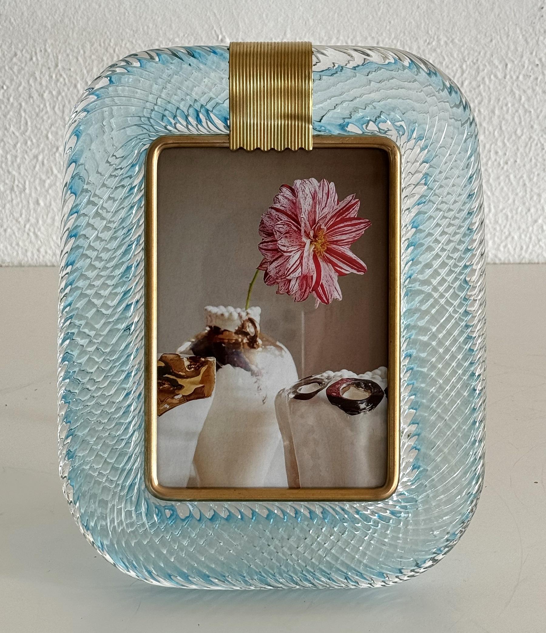Mid-Century Modern Italian Murano Twist Glass Picture Frame in Light Blue in Barovier & Toso Style