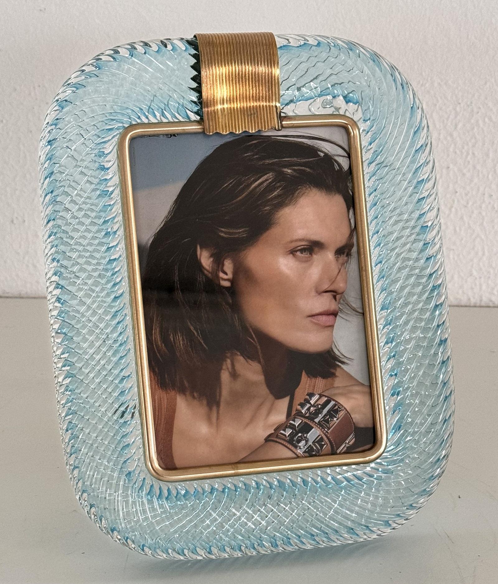 Mid-Century Modern Italian Murano Twist Glass Picture Frame in Light Blue in Barovier & Toso Style