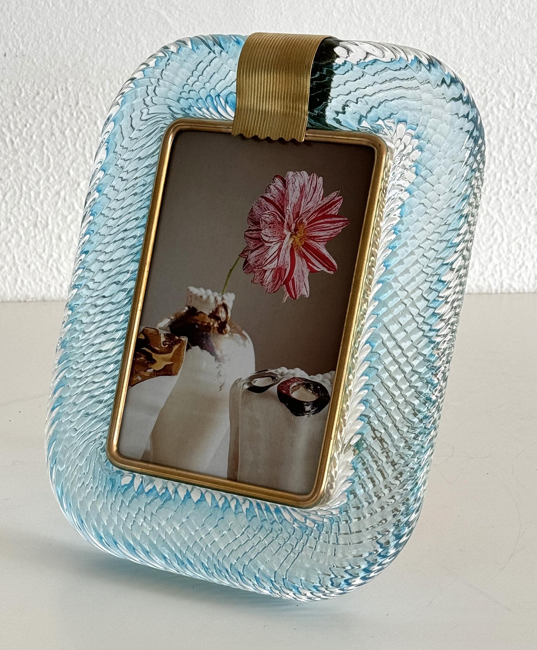 Italian Murano Twist Glass Picture Frame in Light Blue in Barovier & Toso Style In Good Condition In Morazzone, Varese