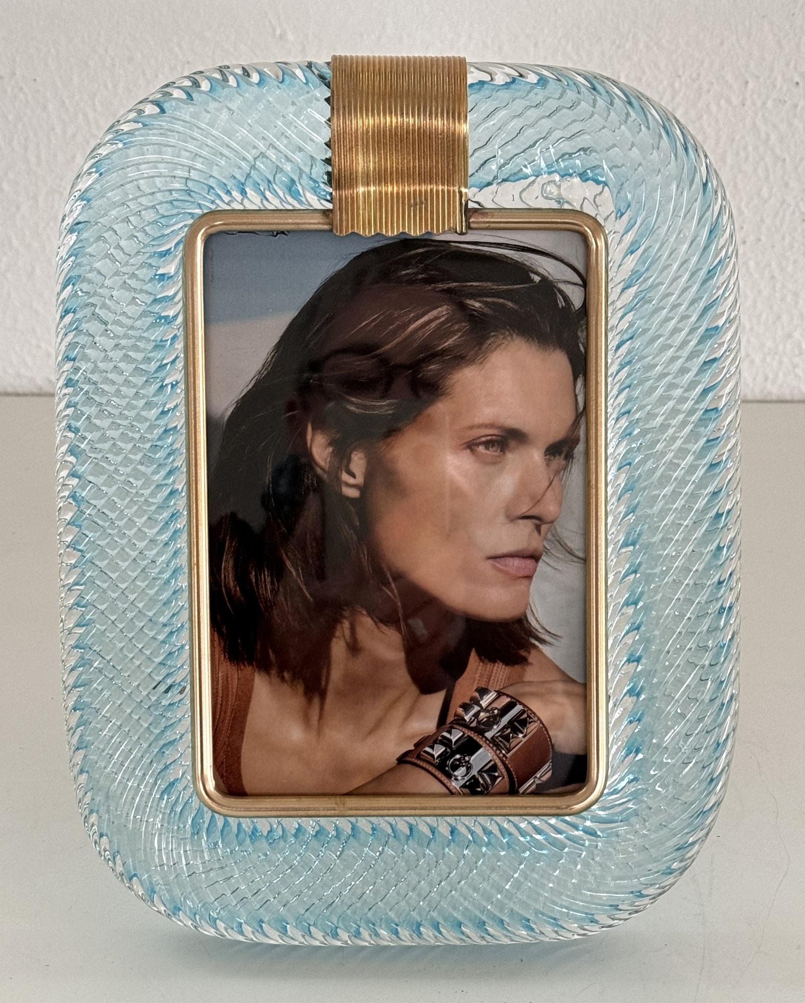 Italian Murano Twist Glass Picture Frame in Light Blue in Barovier & Toso Style In Good Condition In Morazzone, Varese