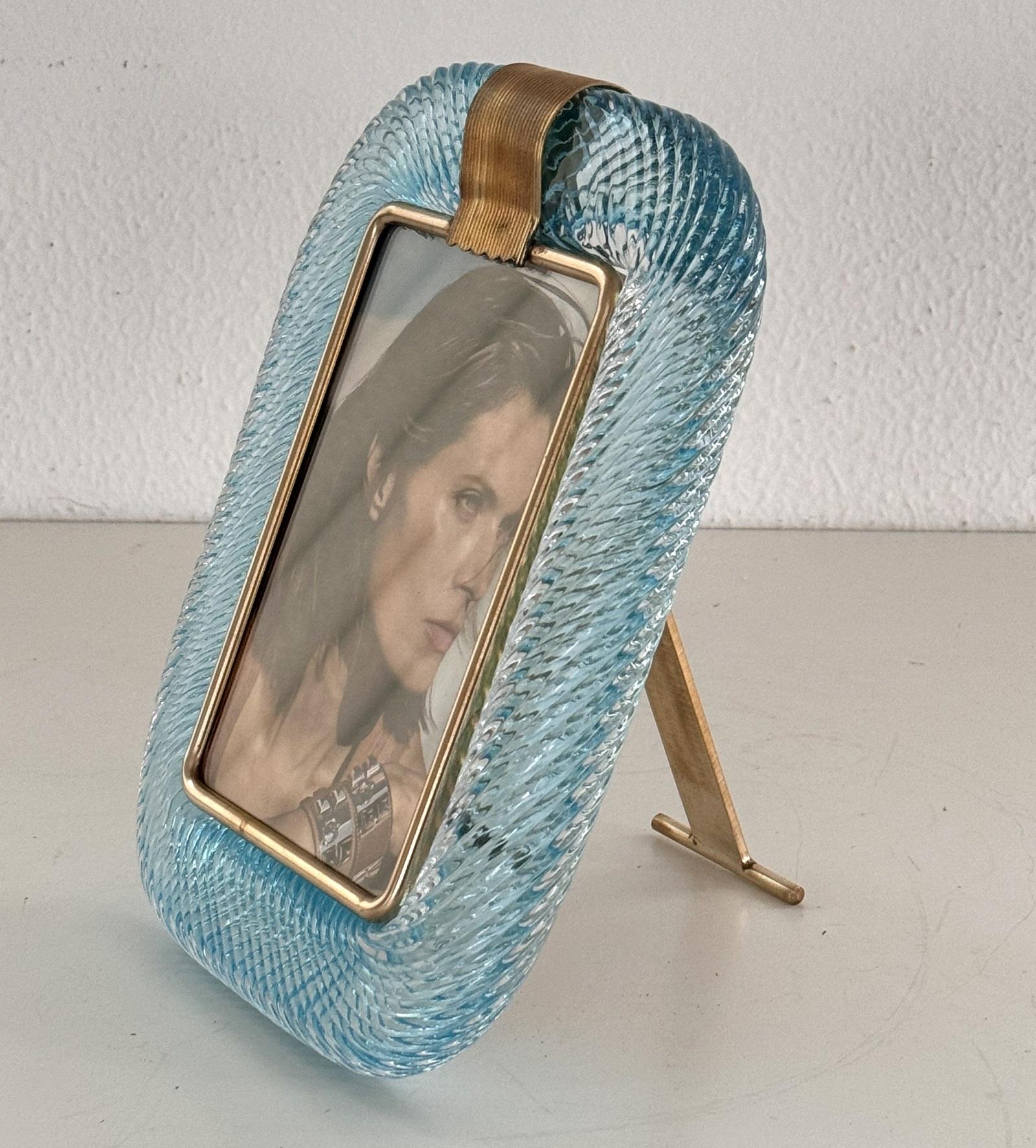 Late 20th Century Italian Murano Twist Glass Picture Frame in Light Blue in Barovier & Toso Style