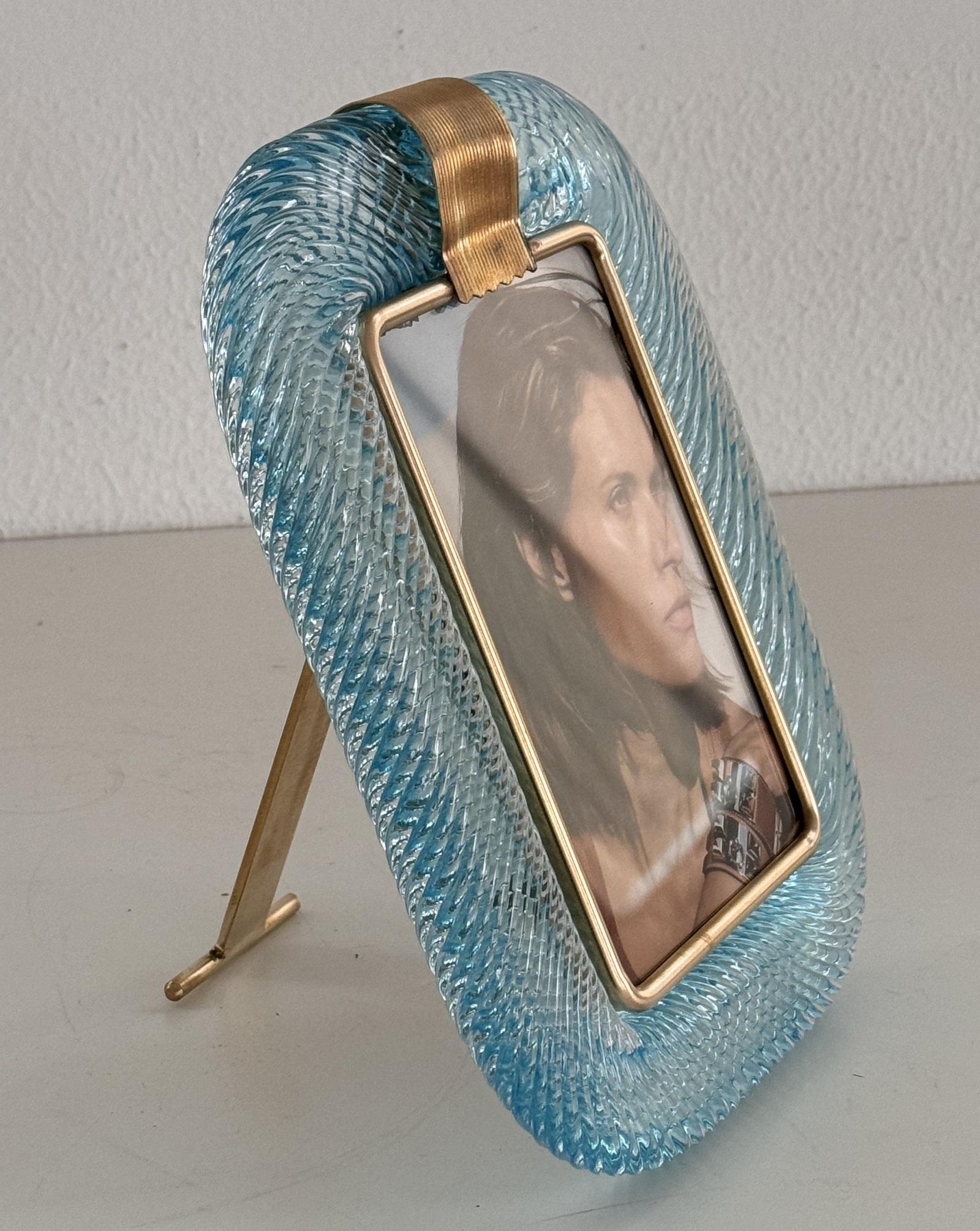 Murano Glass Italian Murano Twist Glass Picture Frame in Light Blue in Barovier & Toso Style