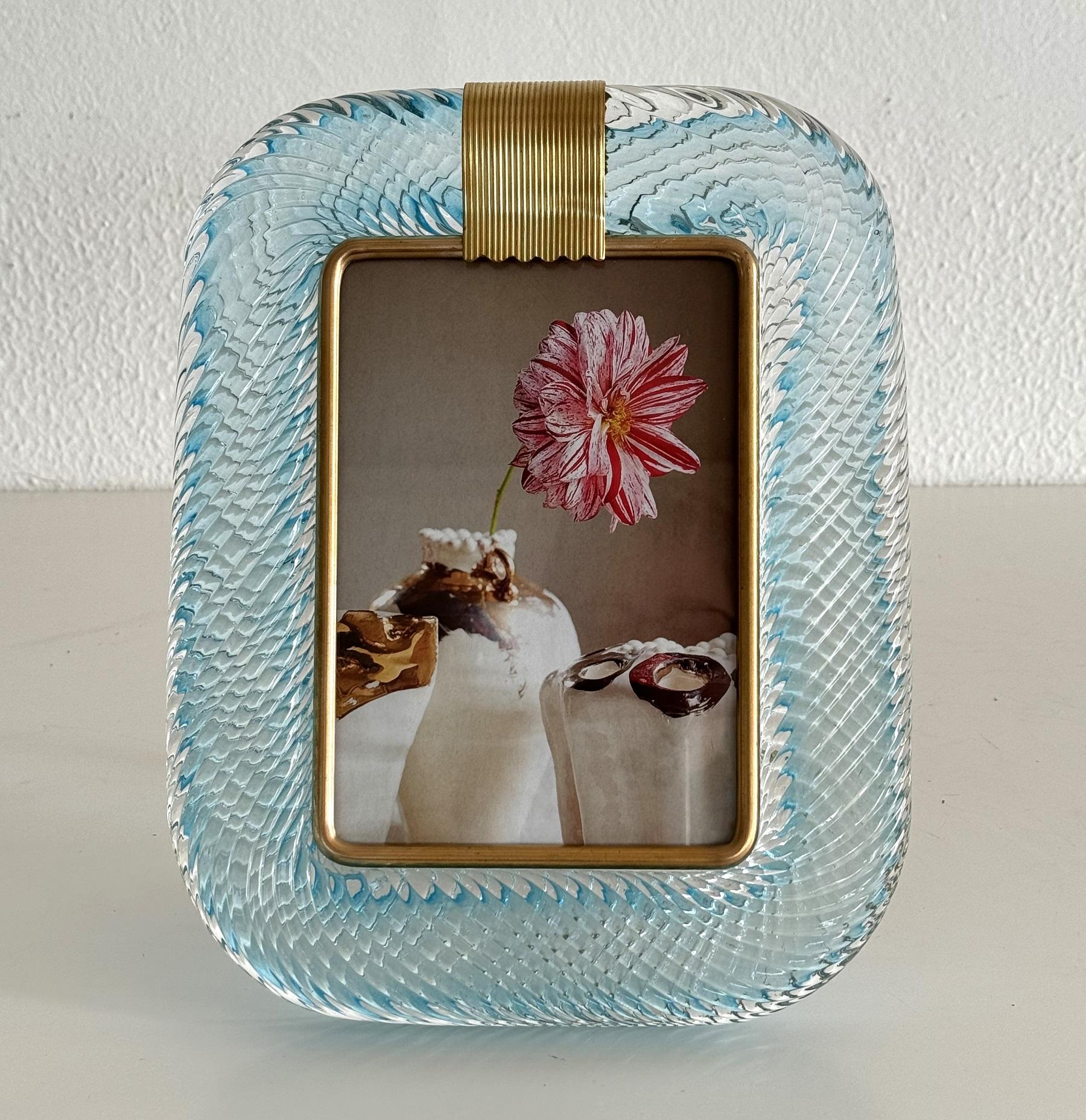 Italian Murano Twist Glass Picture Frame in Light Blue in Barovier & Toso Style 1
