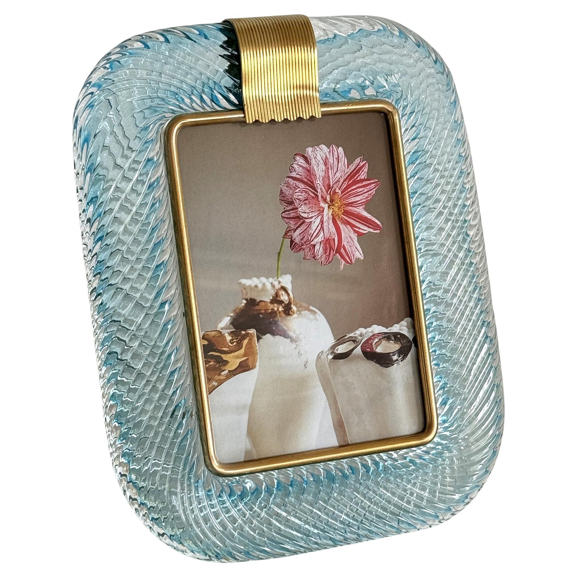 Italian Murano Twist Glass Picture Frame in Light Blue in Barovier & Toso Style