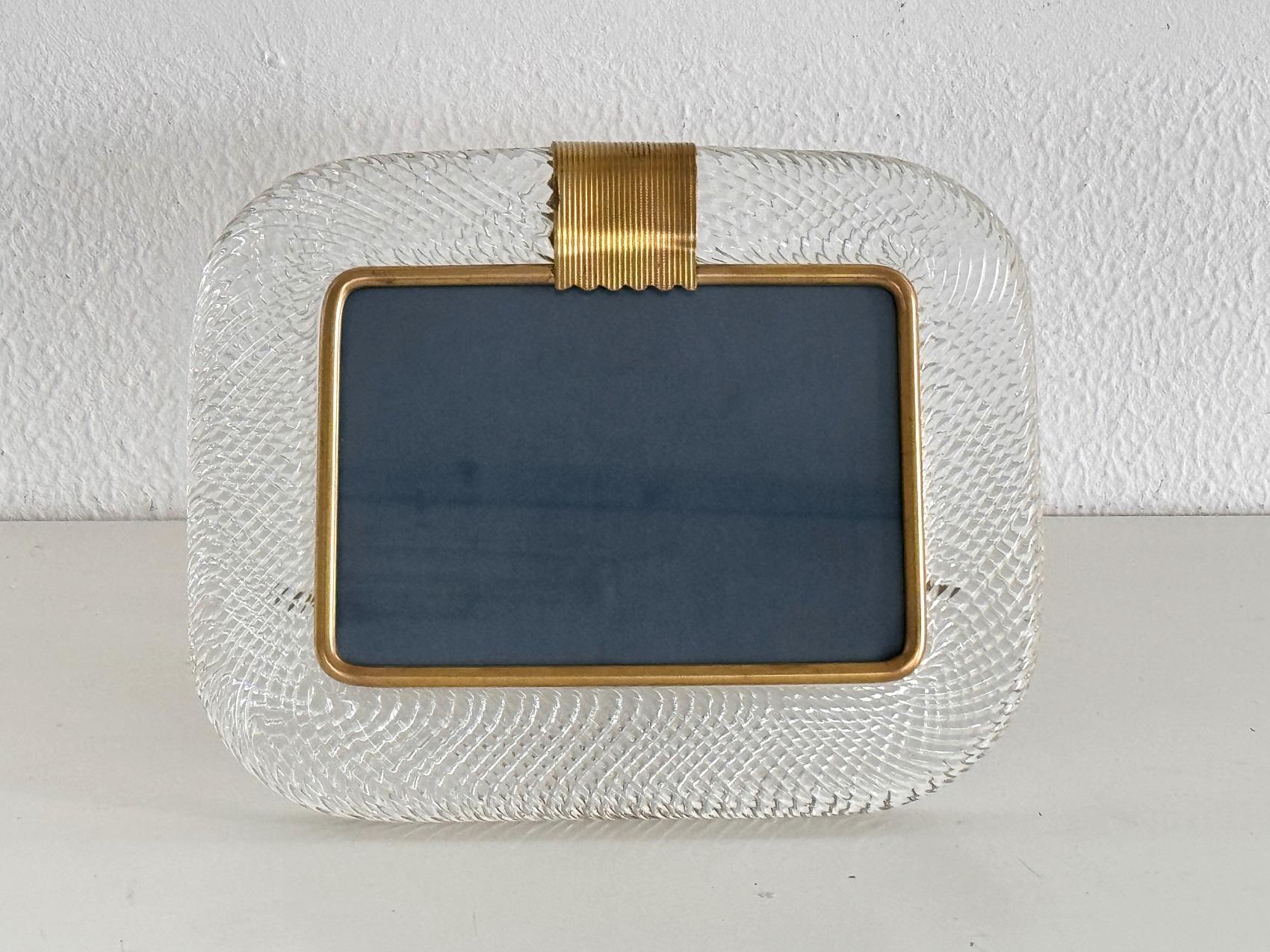 Cadre photo italien en verre clair torsadé et laiton de Murano 2