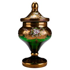 Italian Murano Venetian 24 KT Gold Enamel Trefuochi Glass Bonboniere