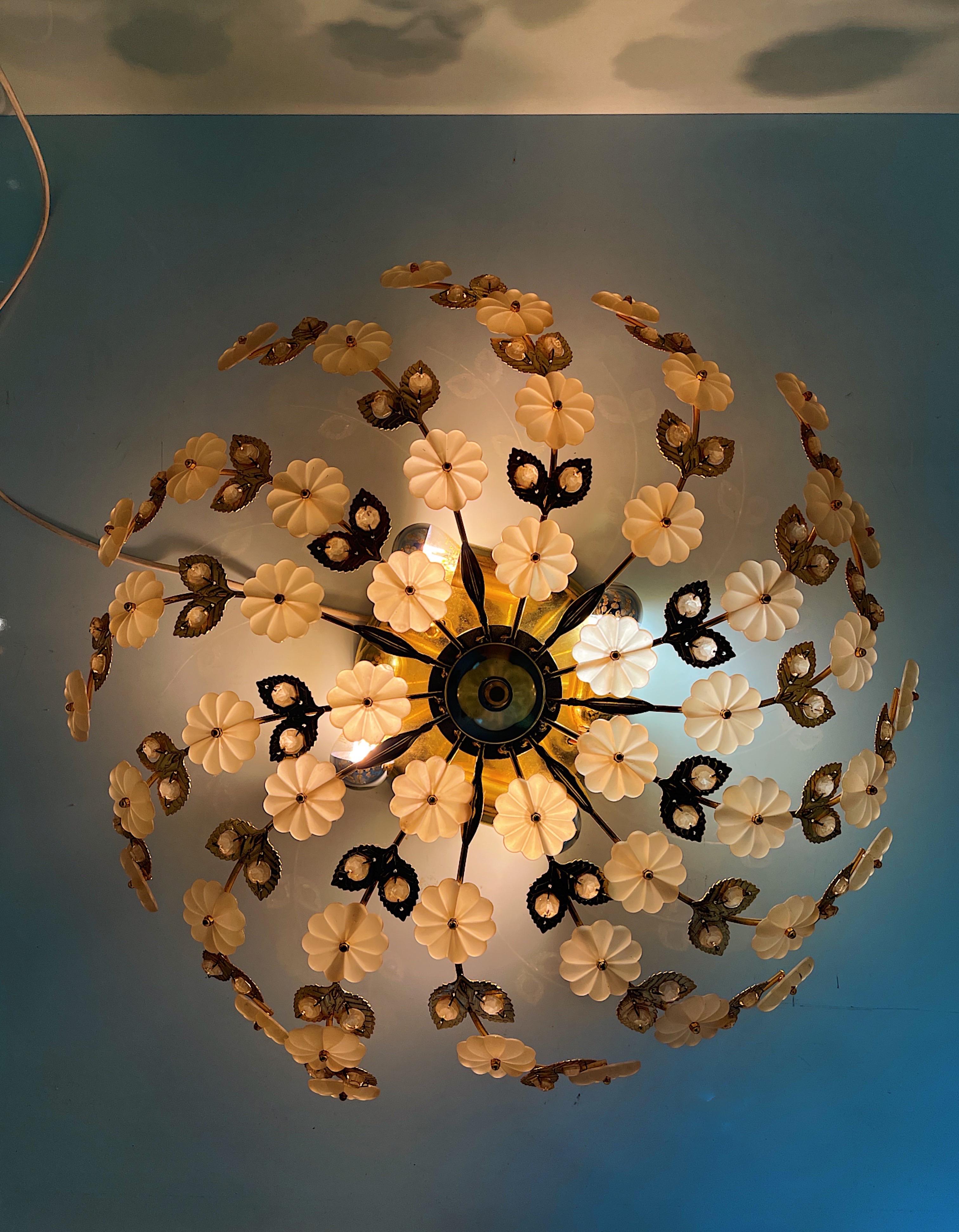 Stunning large ceiling or wall flush light by Ernst Palme, Germany. A true masterpiece that blends artistry with illumination. The golden base is adorned with delicate opaque glass flowers.

Each glass flower is flawlessly intact, bearing no chips,