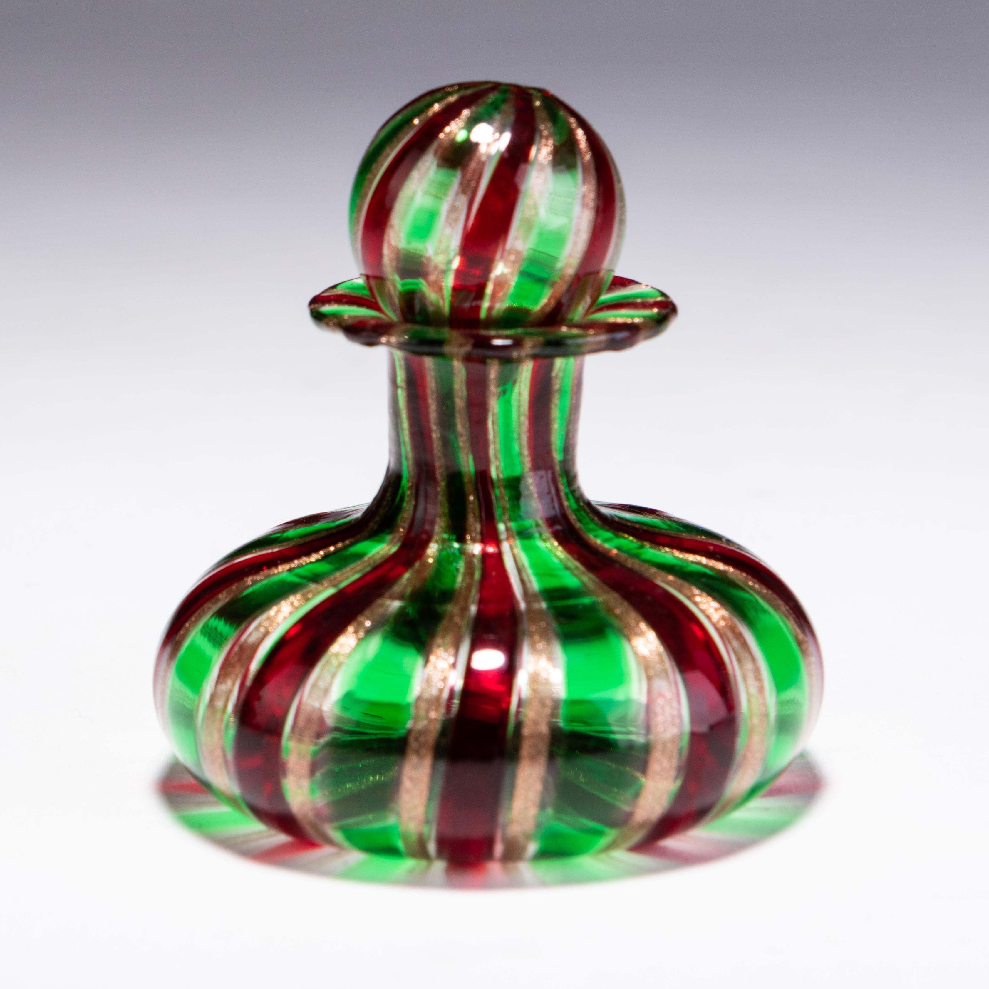 Italian Murano Venetian Glass Ruby & Emerald Perfume Scent Bottle In Good Condition In Nottingham, GB