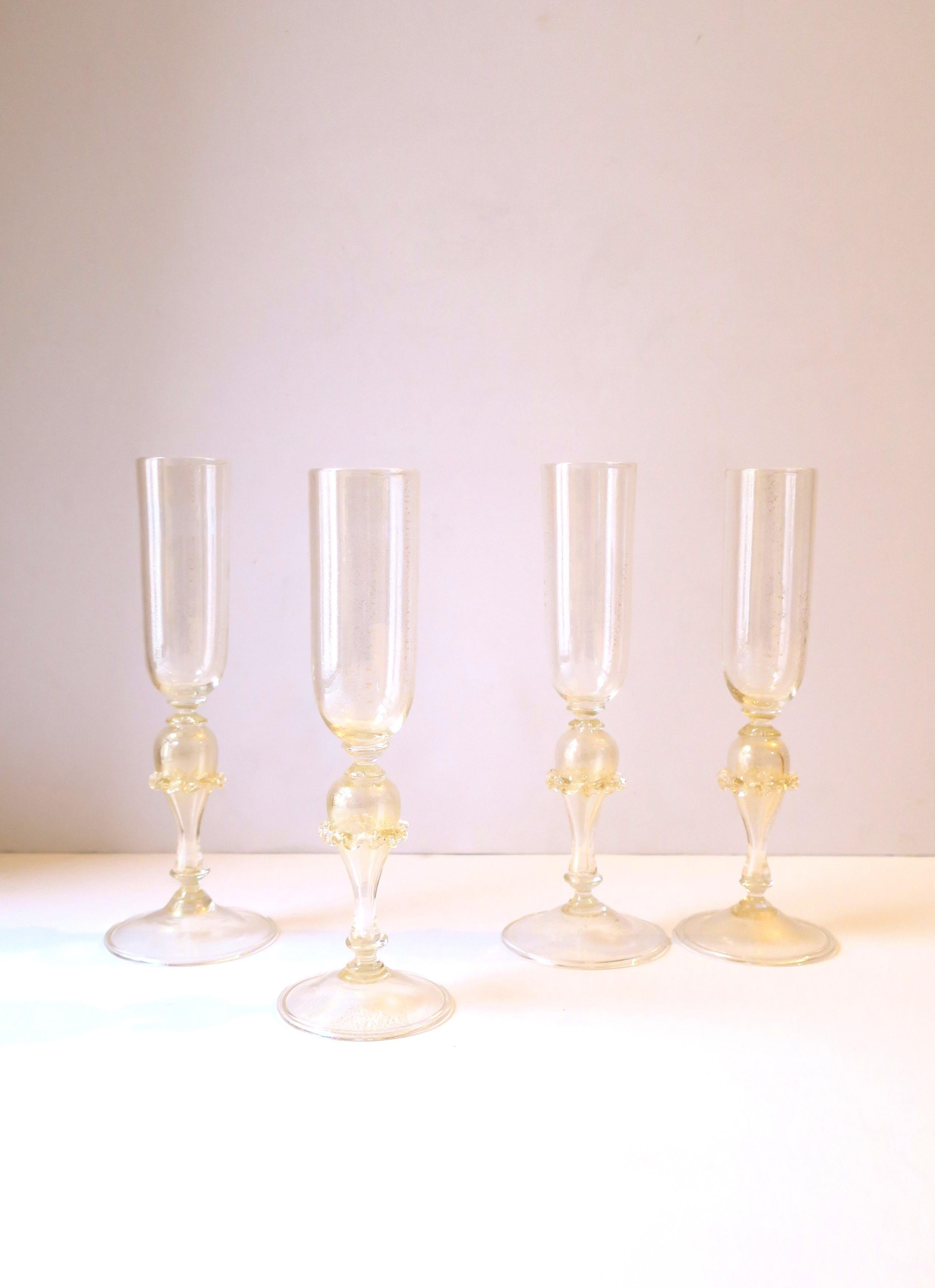 Hand-Crafted Italian Murano Venetian Gold Champagne Flutes Glasses, Set of 4