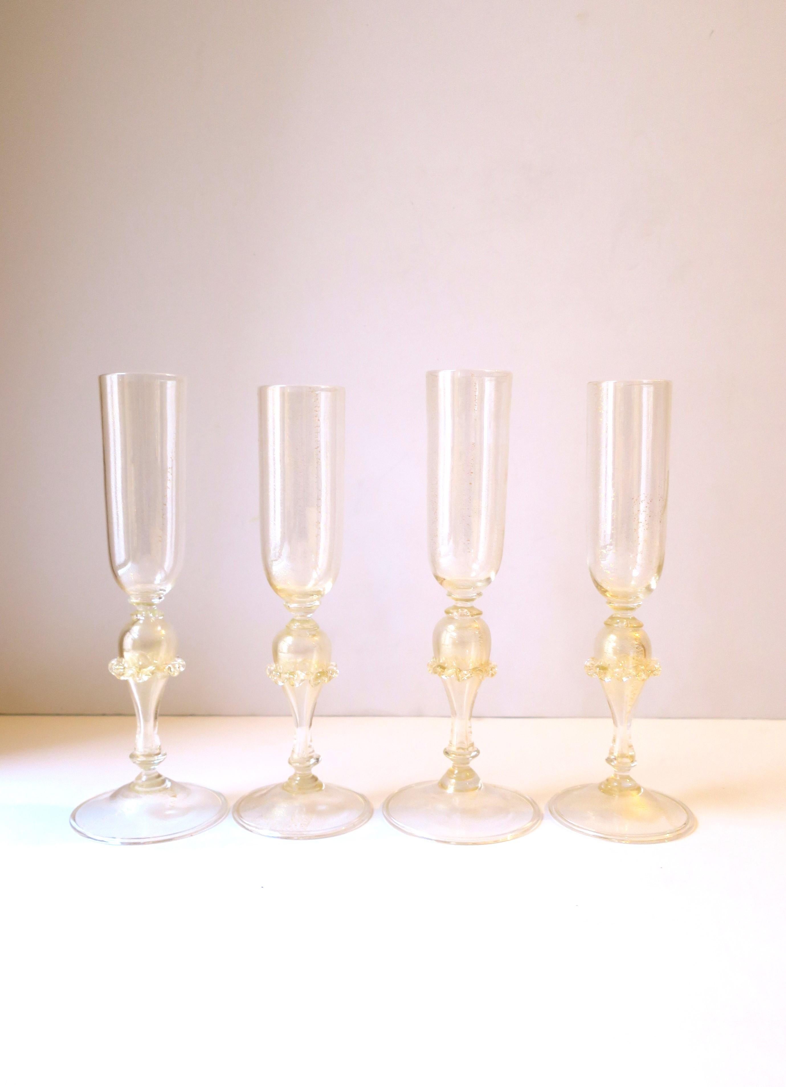 20th Century Italian Murano Venetian Gold Champagne Flutes Glasses, Set of 4
