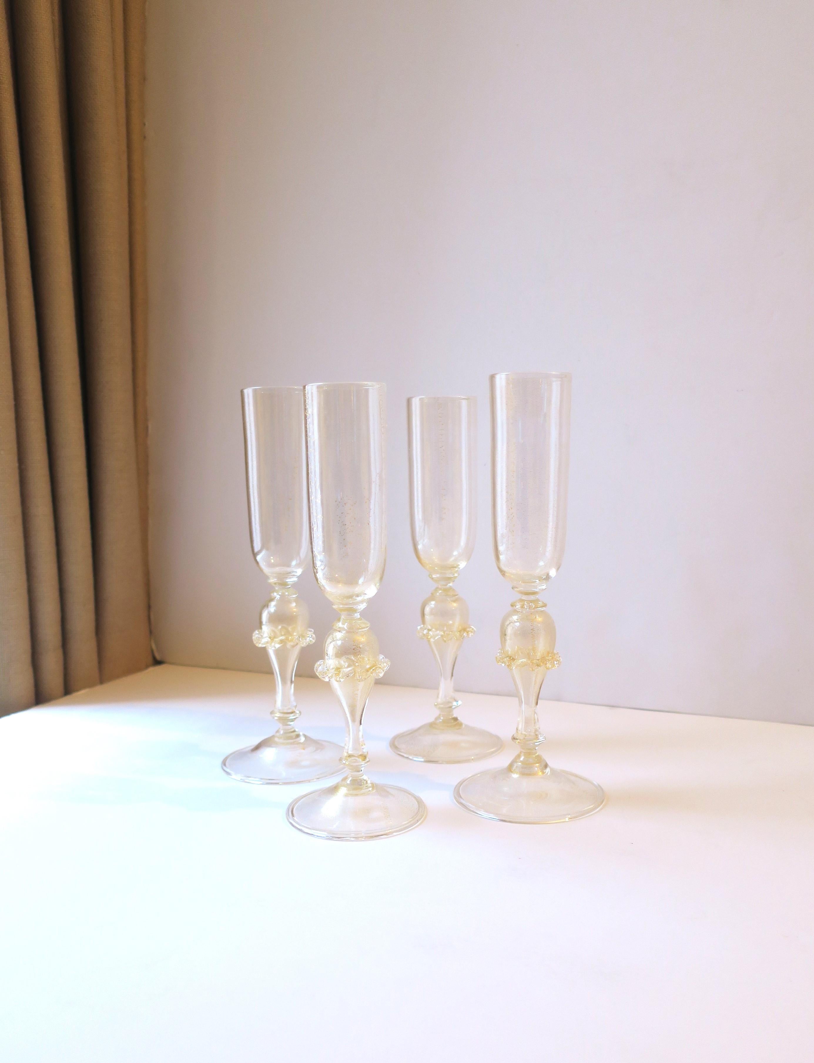 Art Glass Italian Murano Venetian Gold Champagne Flutes Glasses, Set of 4