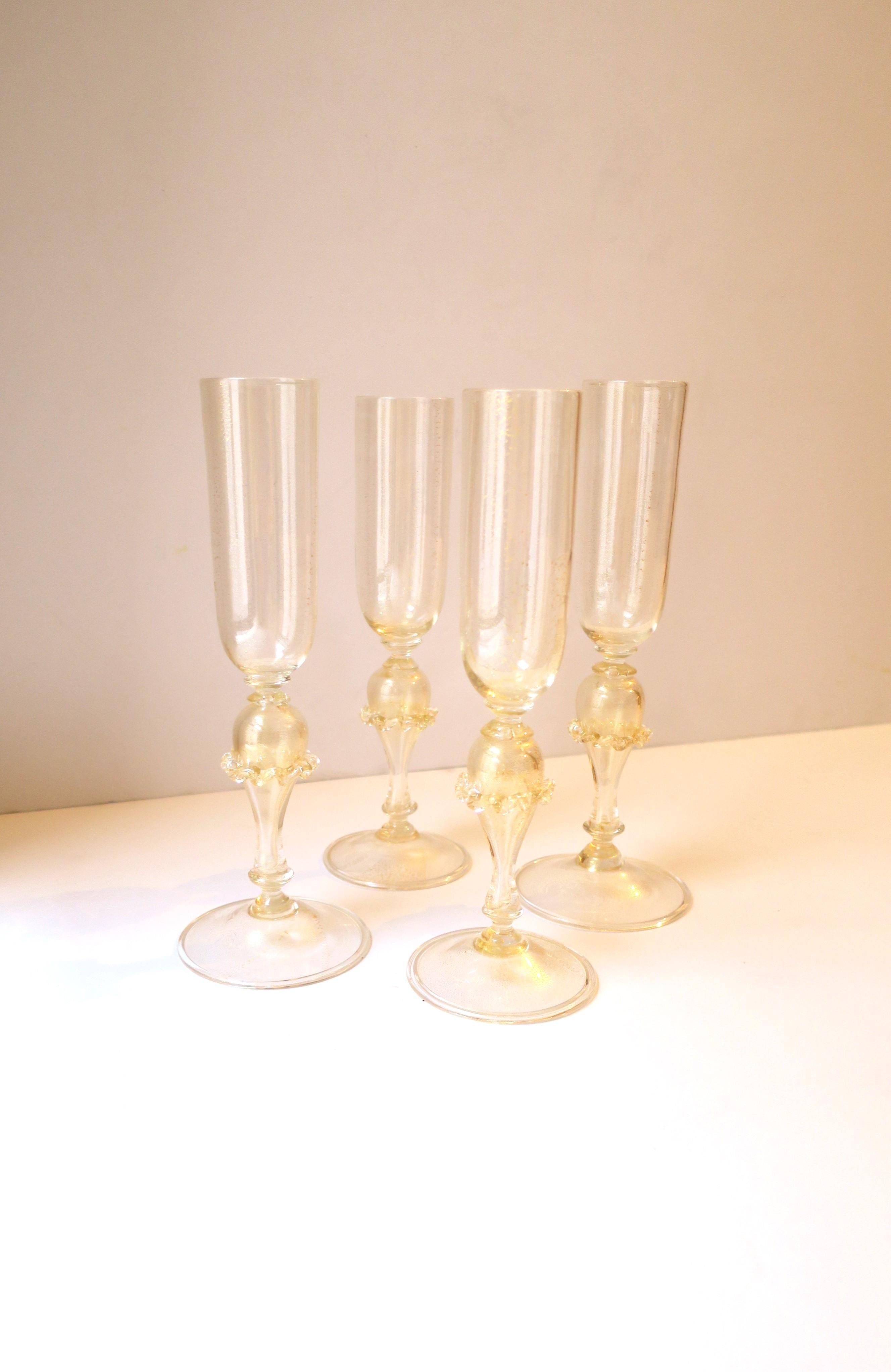 Italian Murano Venetian Gold Champagne Flutes Glasses, Set of 4 2