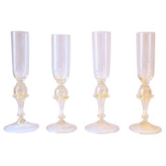 Italian Murano Venetian Gold Champagne Flutes Glasses, Set of 4