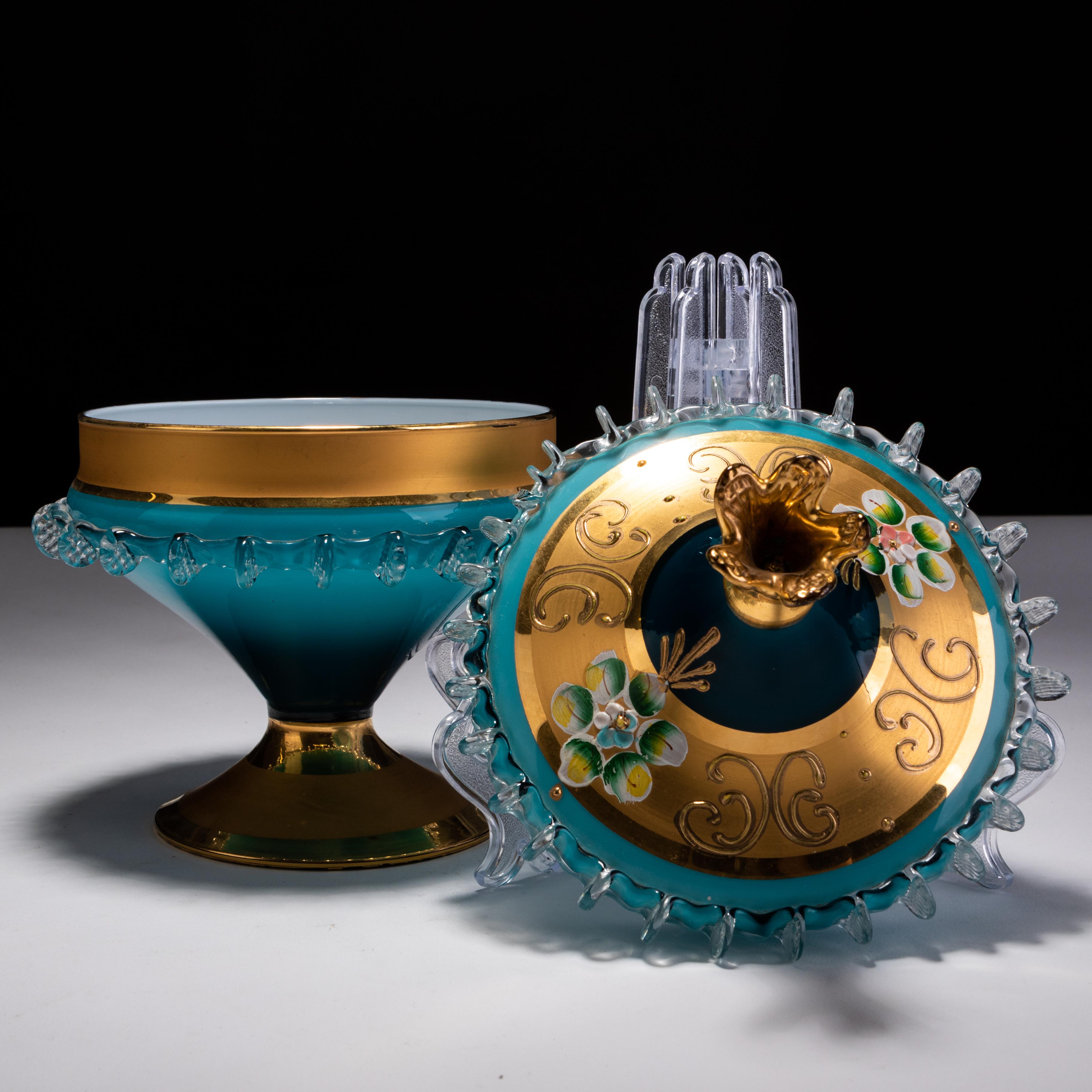 20th Century Italian Murano Venetian Mid-Century 24 KT Gold Enamel Glass Bonbonniere Bowl For Sale