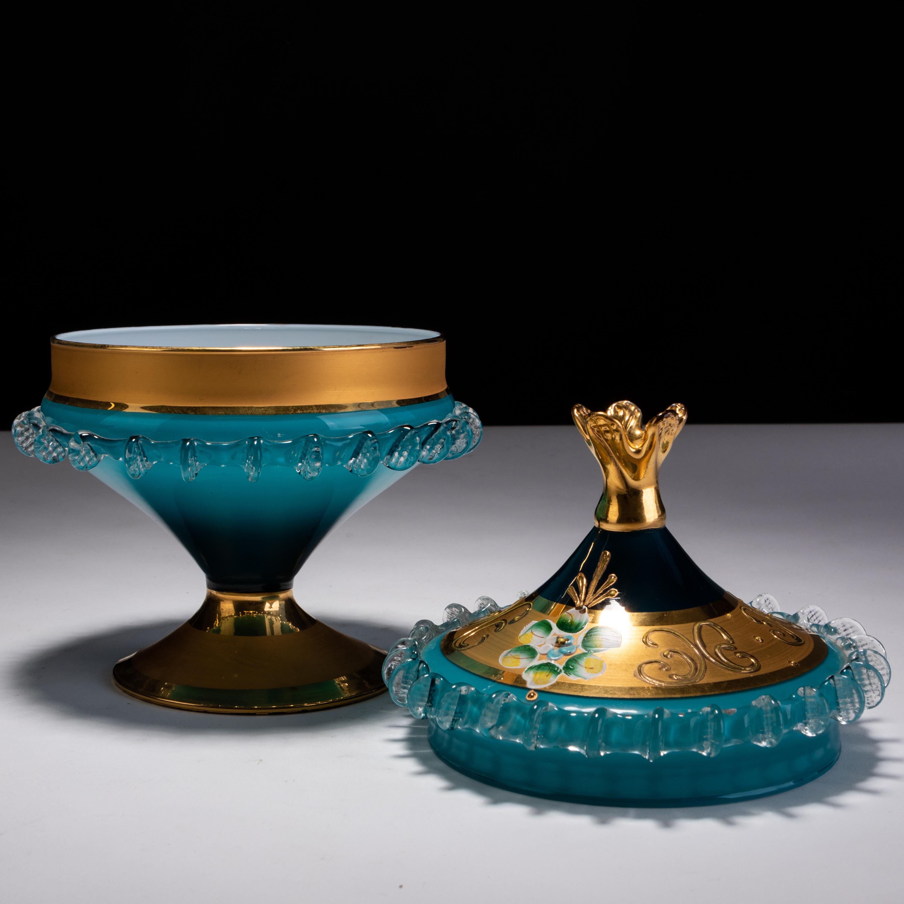 Blown Glass Italian Murano Venetian Mid-Century 24 KT Gold Enamel Glass Bonbonniere Bowl For Sale