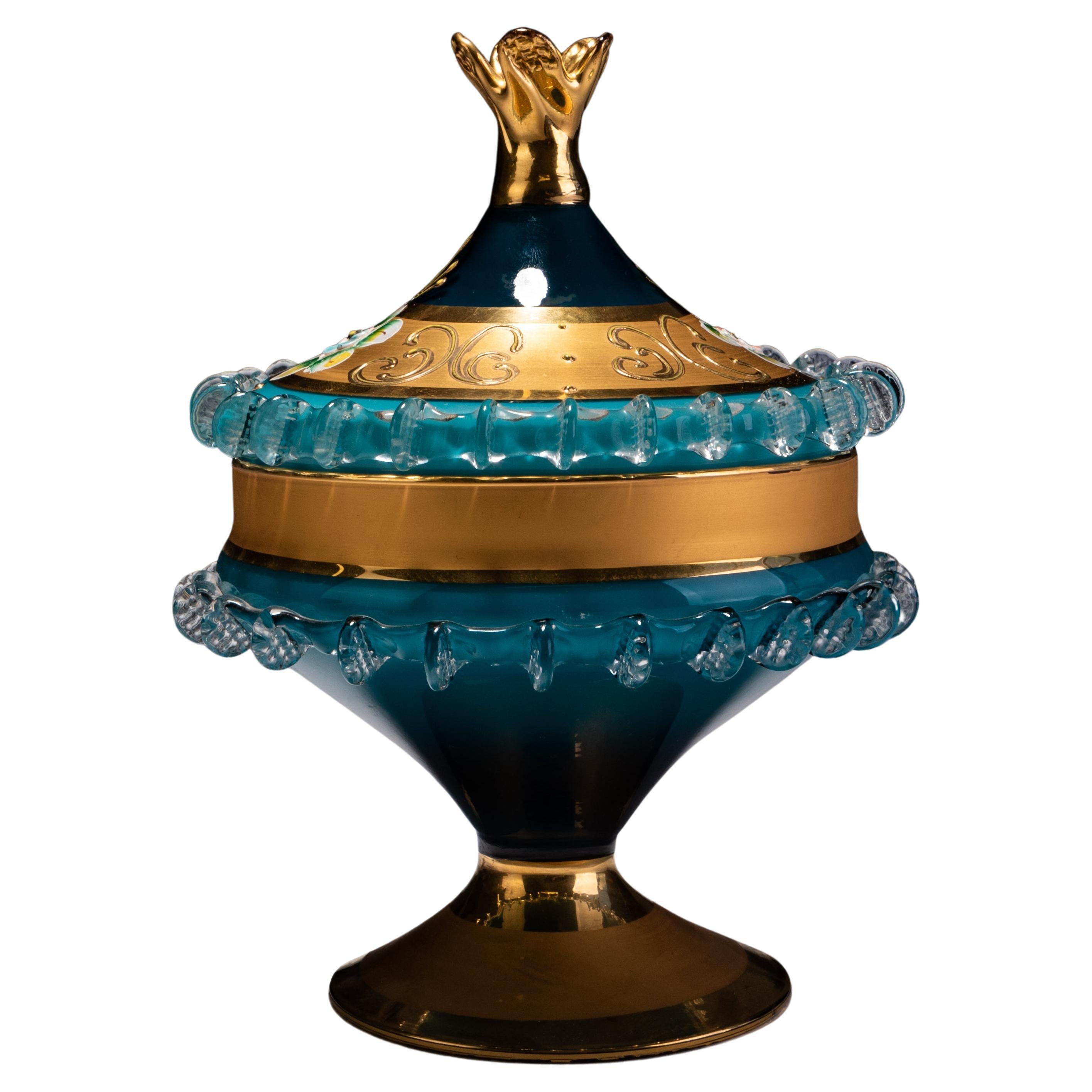 Italian Murano Venetian Mid-Century 24 KT Gold Enamel Glass Bonbonniere Bowl For Sale