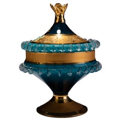 Vintage Italian Murano Venetian Mid-Century 24 KT Gold Enamel Glass Bonbonniere Bowl