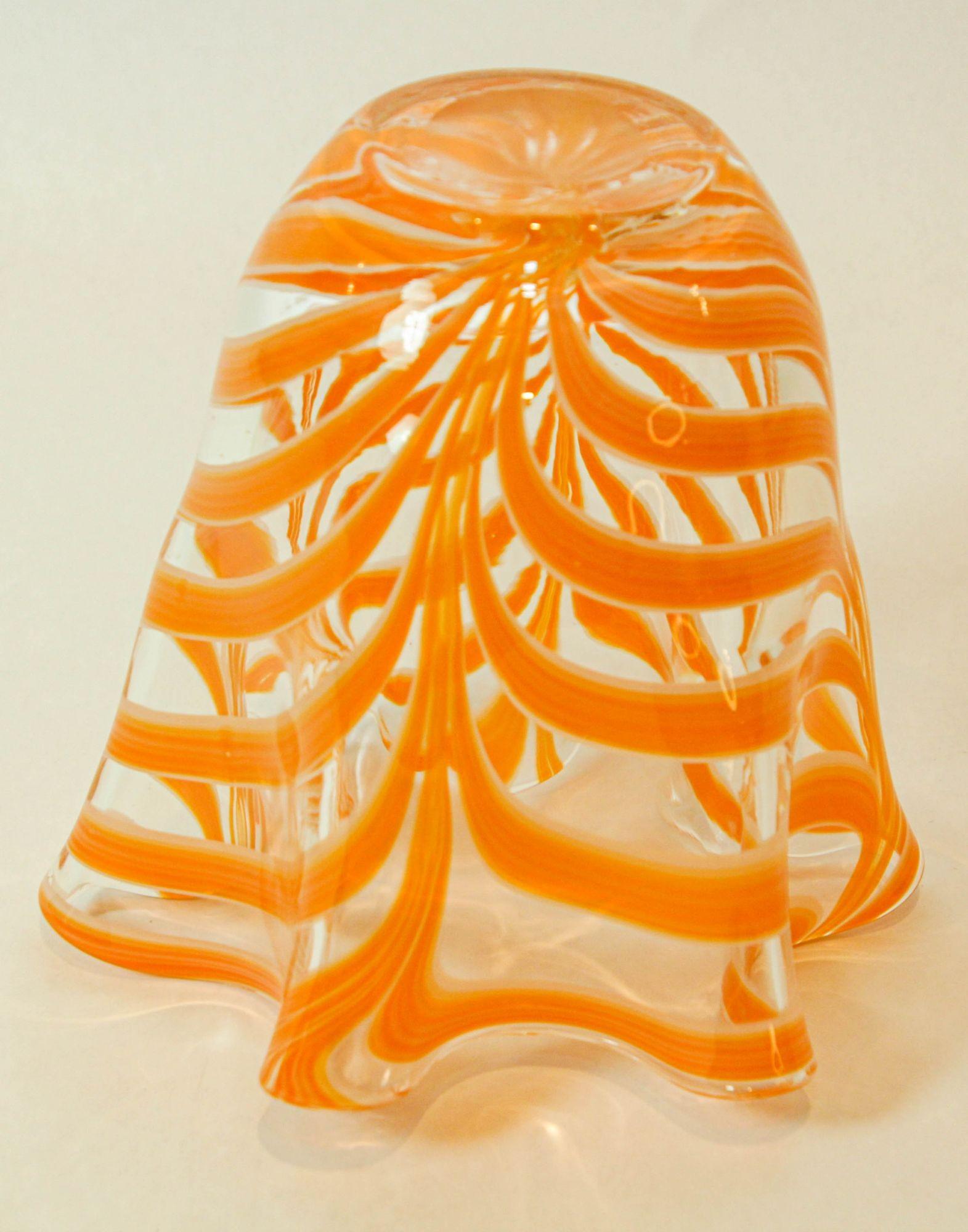 Italian Murano Venetian Vase Orange Swirl Freeform Handkerchief 1970s For Sale 2