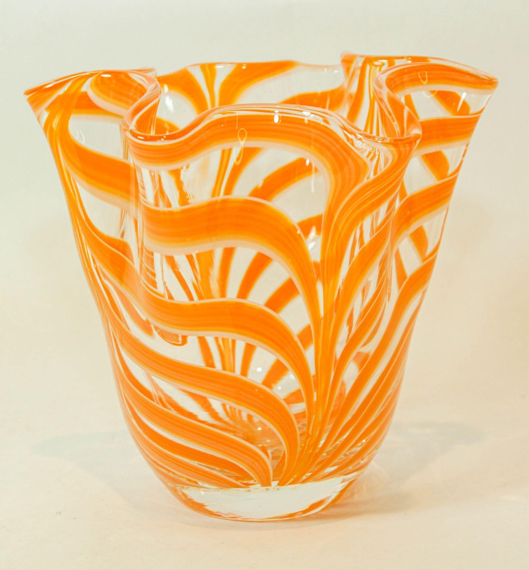 Italian Murano Venetian Vase Orange Swirl Freeform Handkerchief 1970s For Sale 3