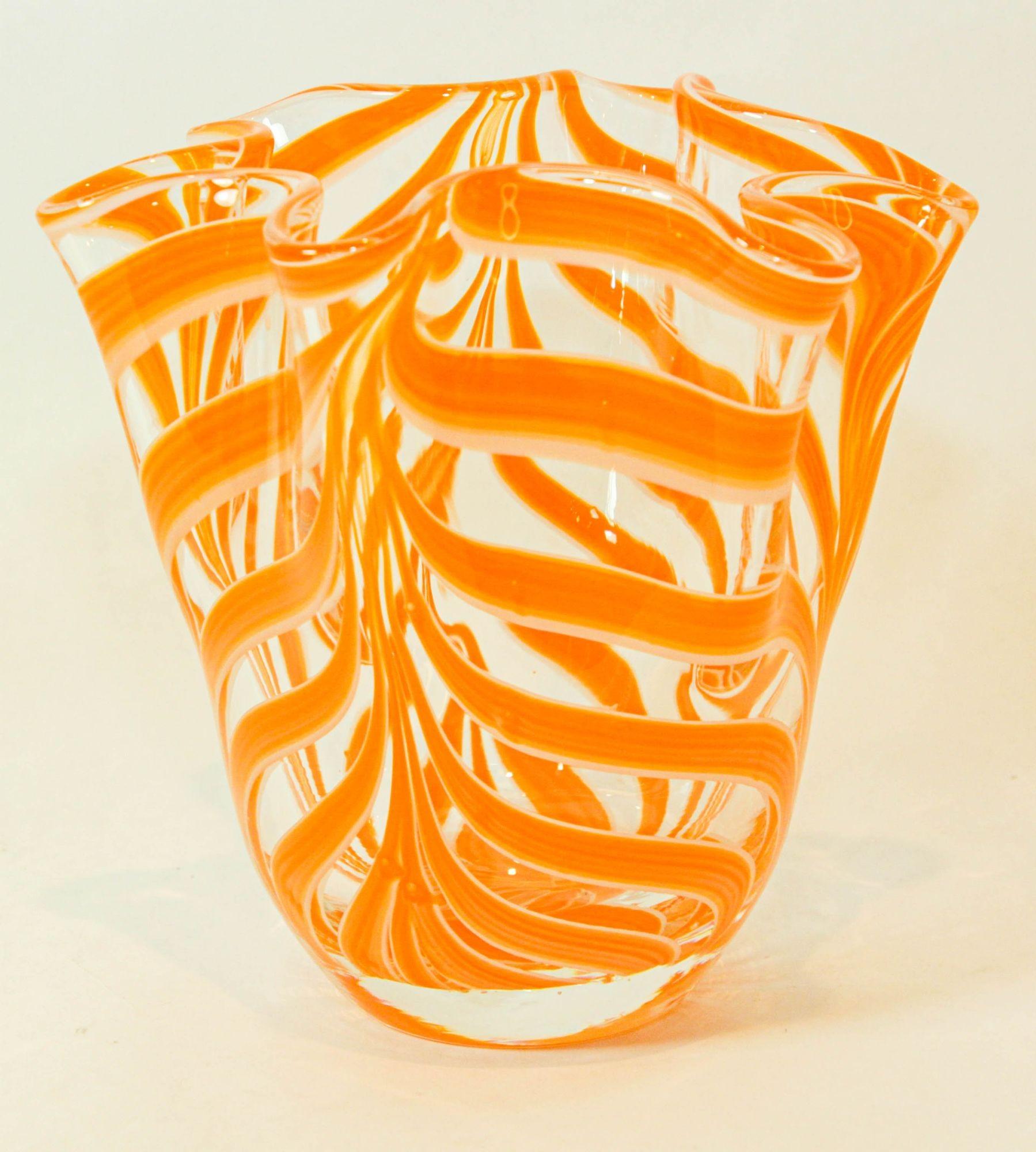 Italian Murano Venetian Vase Orange Swirl Freeform Handkerchief 1970s For Sale 4