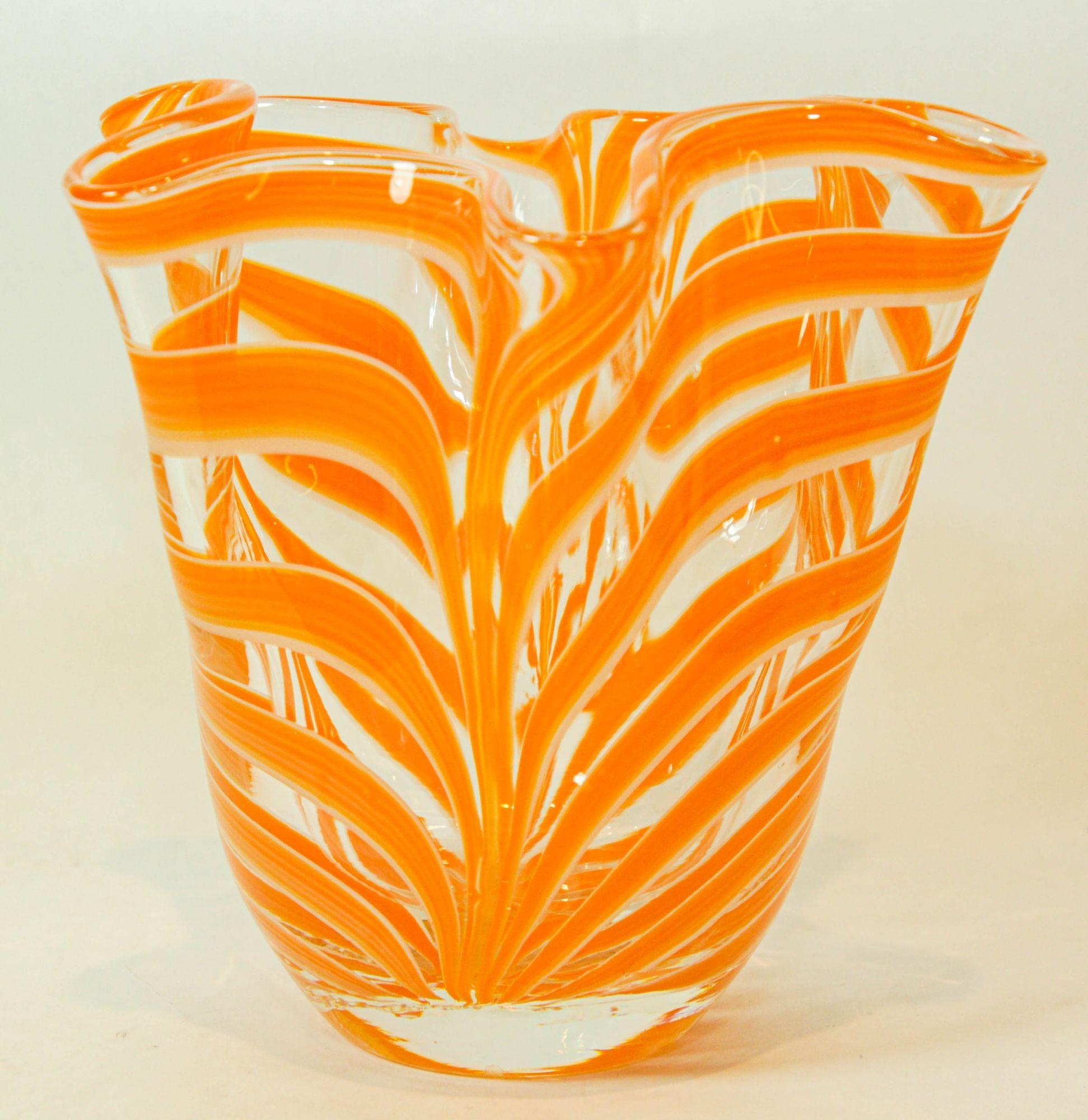 Italian Murano Venetian Vase Orange Swirl Freeform Handkerchief 1970s For Sale 5
