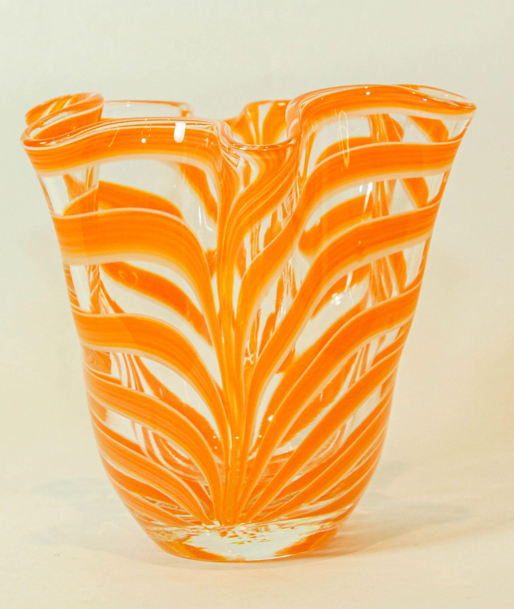 Italian Murano Venetian Vase Orange Swirl Freeform Handkerchief 1970s For Sale 6