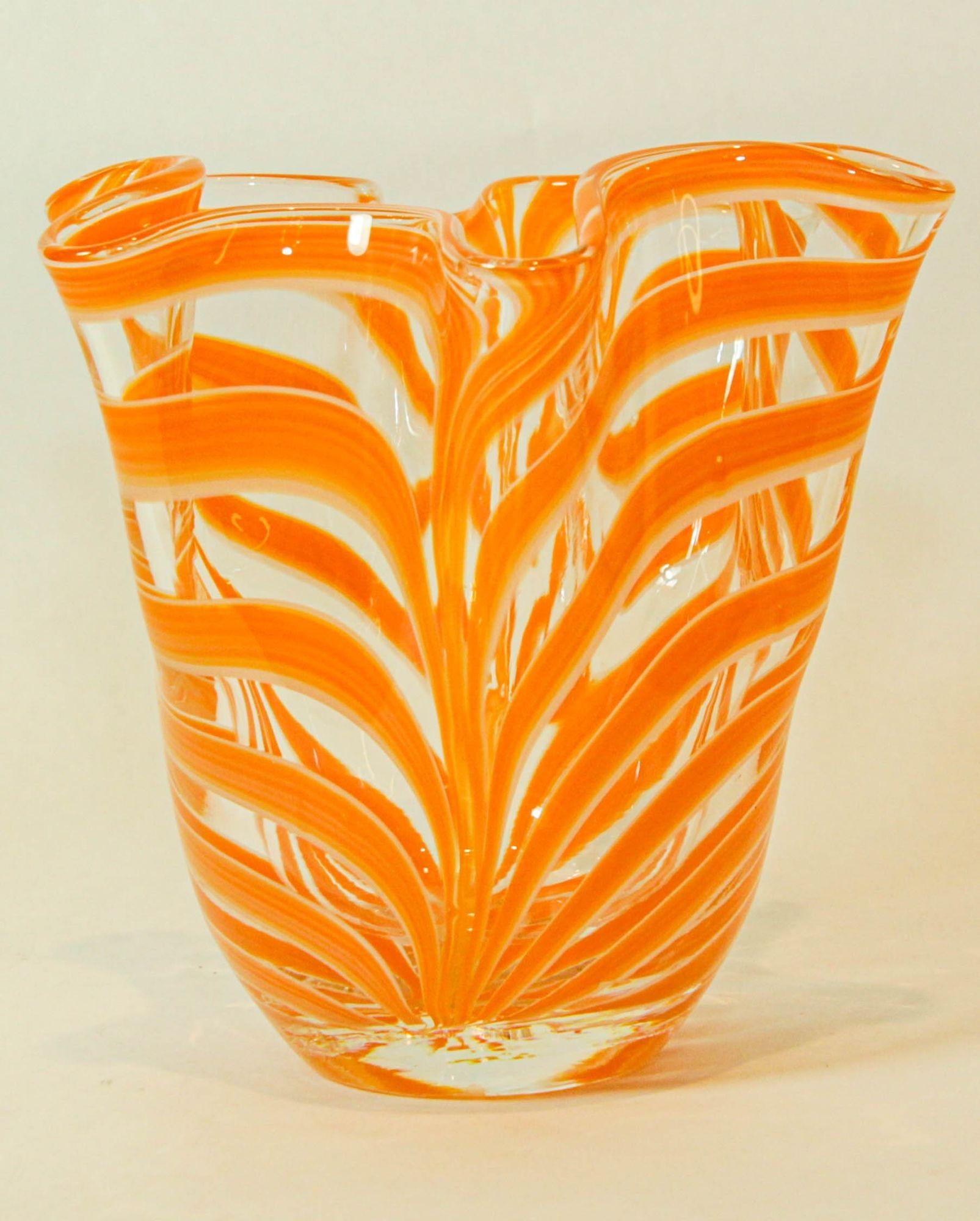 Italian Murano Venetian Vase Orange Swirl Freeform Handkerchief 1970s For Sale 7