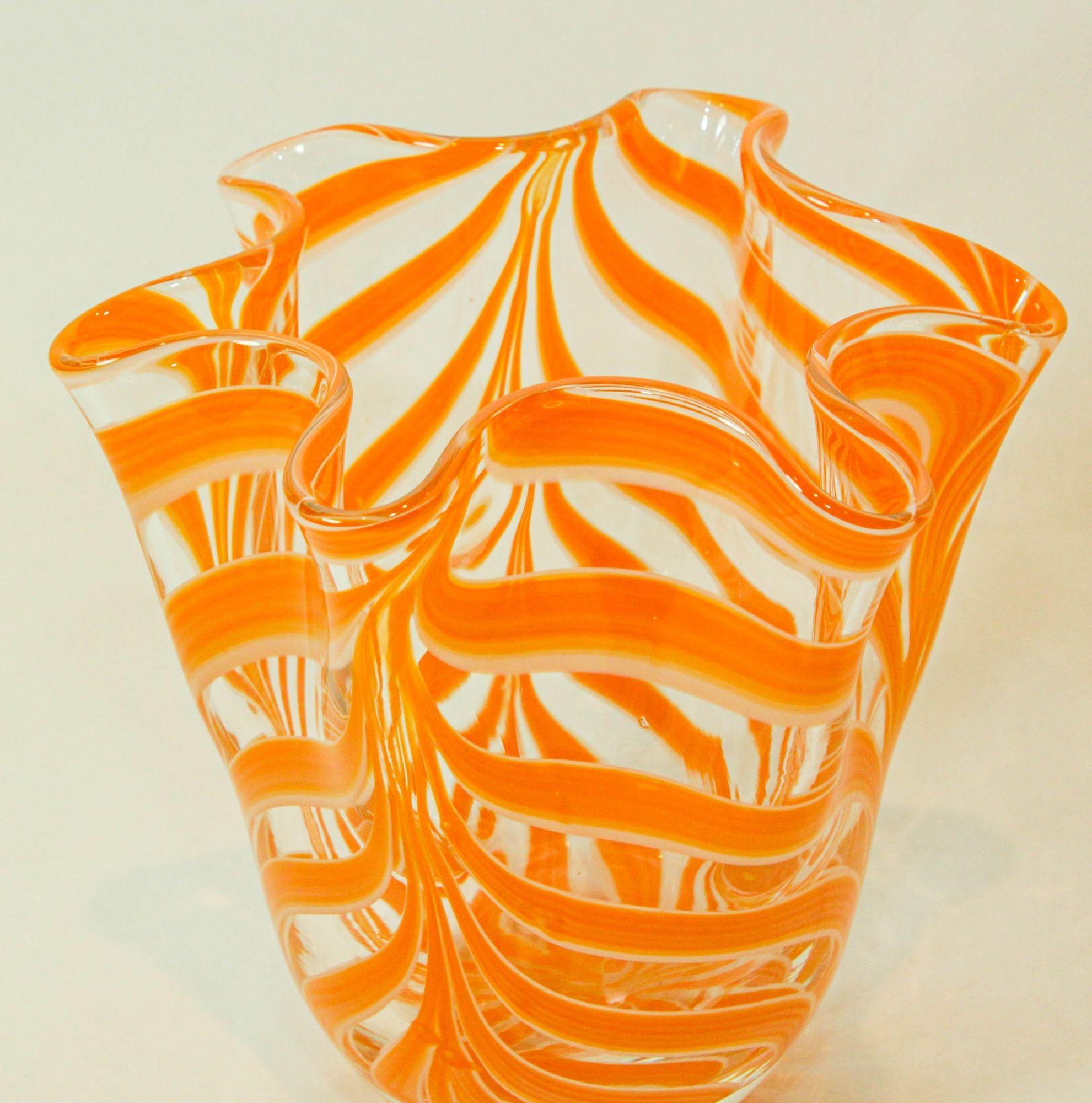 Mid-Century Modern Italian Murano Venetian Vase Orange Swirl Freeform Handkerchief 1970s For Sale